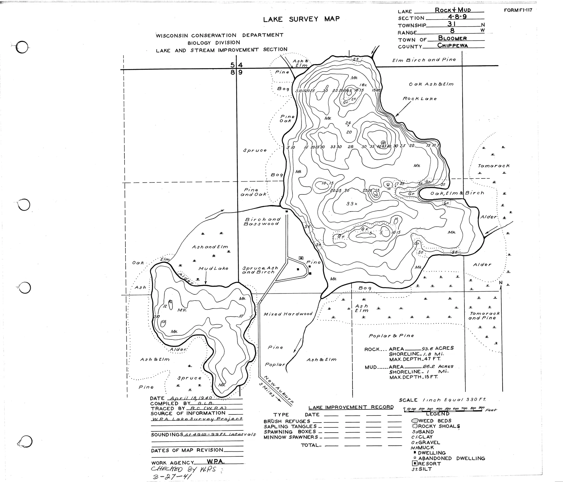 Rock Lake historical Wisconsin DNR depth map sheet 1