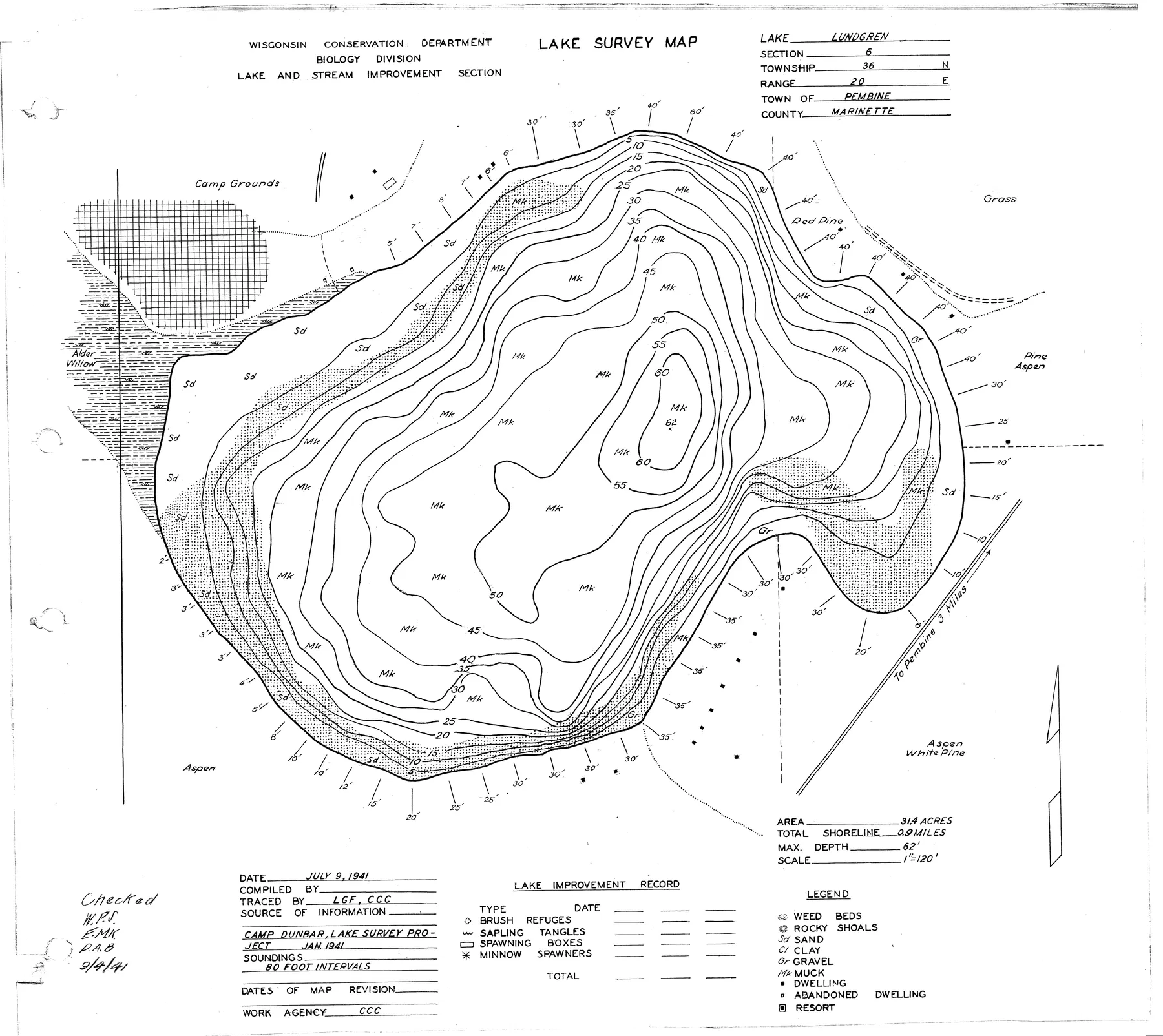 Lundgren Lake historical Wisconsin DNR depth map sheet 1