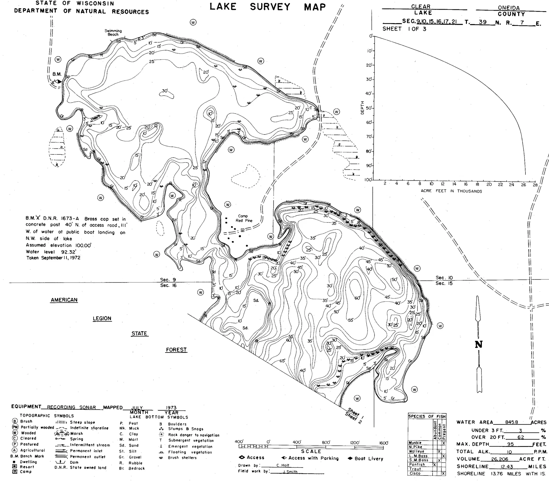 Clear Lake historical Wisconsin DNR depth map sheet 1