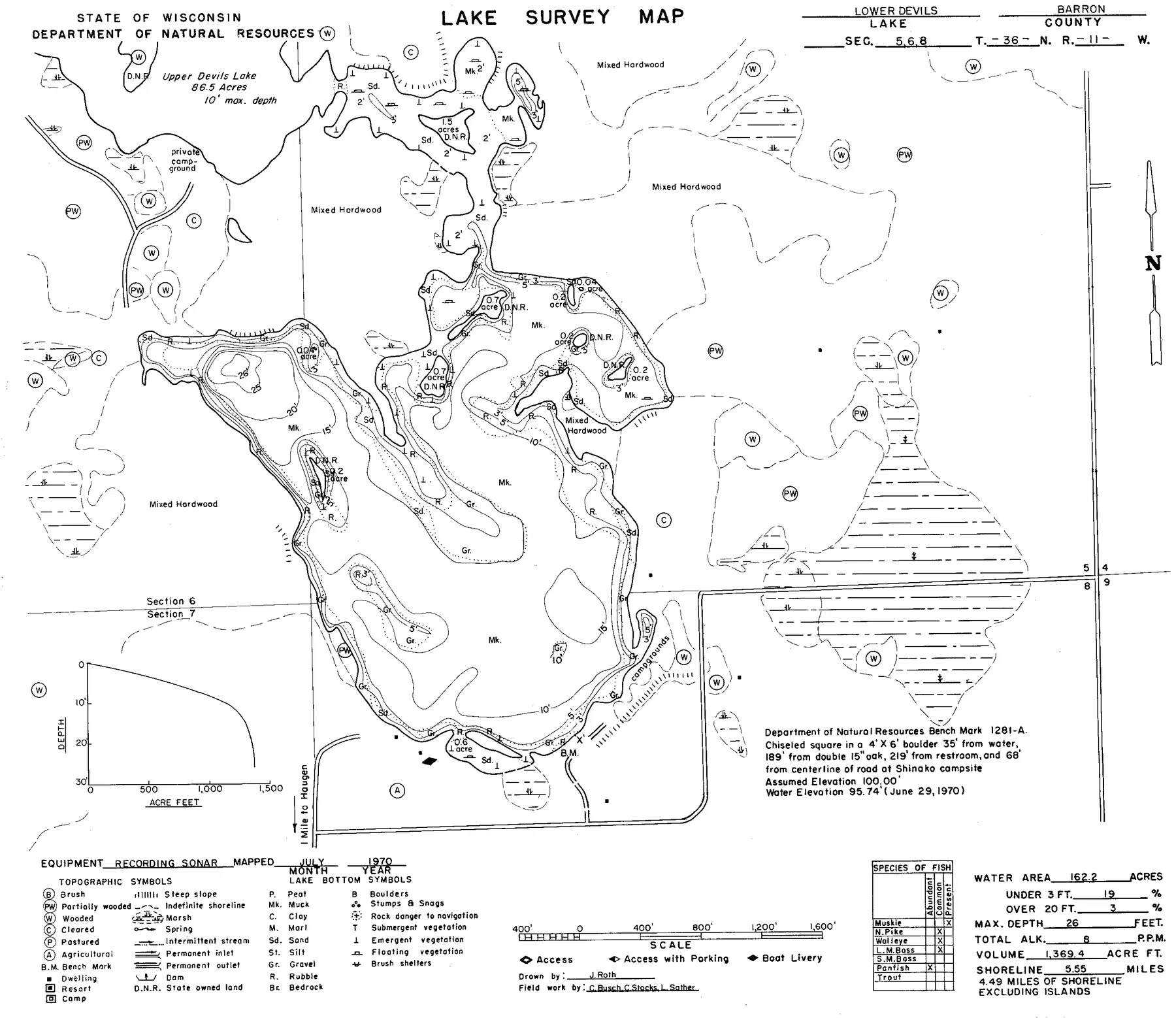 Lower Devils Lake historical Wisconsin DNR depth map sheet 1