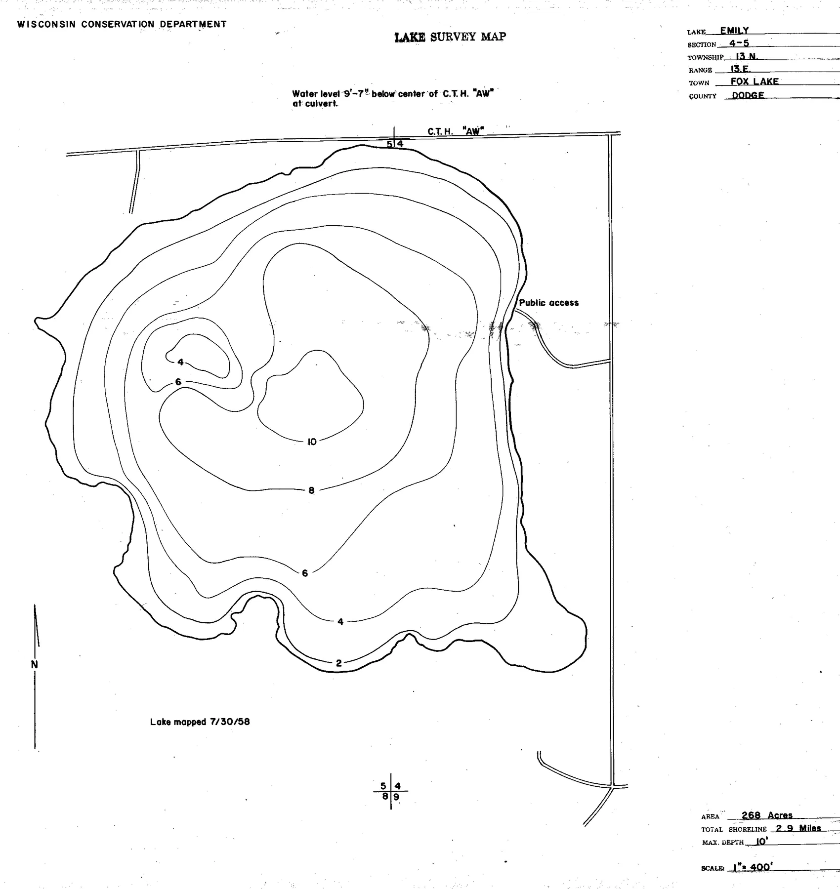 Lake Emily historical Wisconsin DNR depth map sheet 1