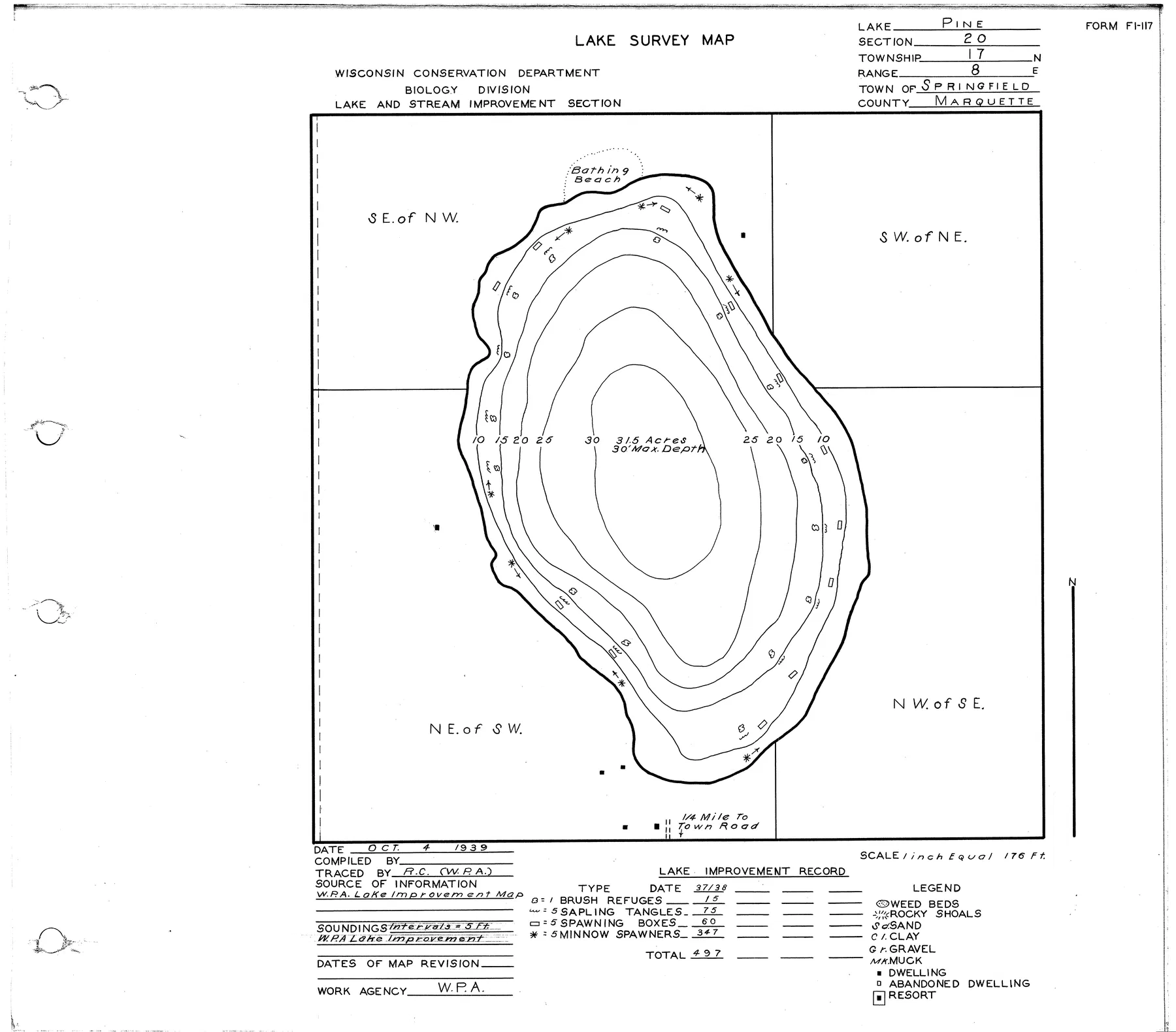 Pine Lake historical Wisconsin DNR depth map sheet 1