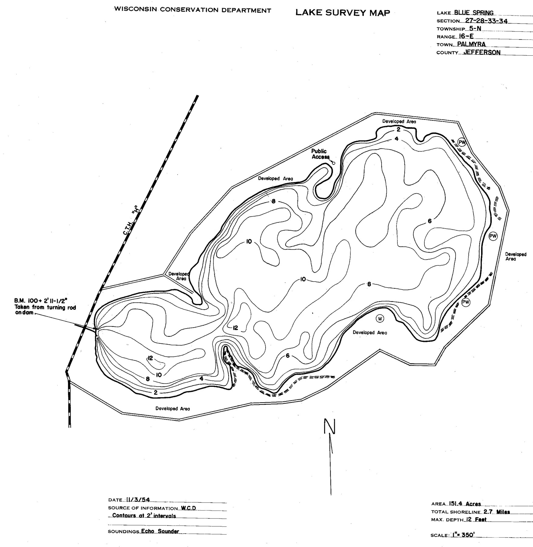 Blue Spring Lake historical Wisconsin DNR depth map sheet 1