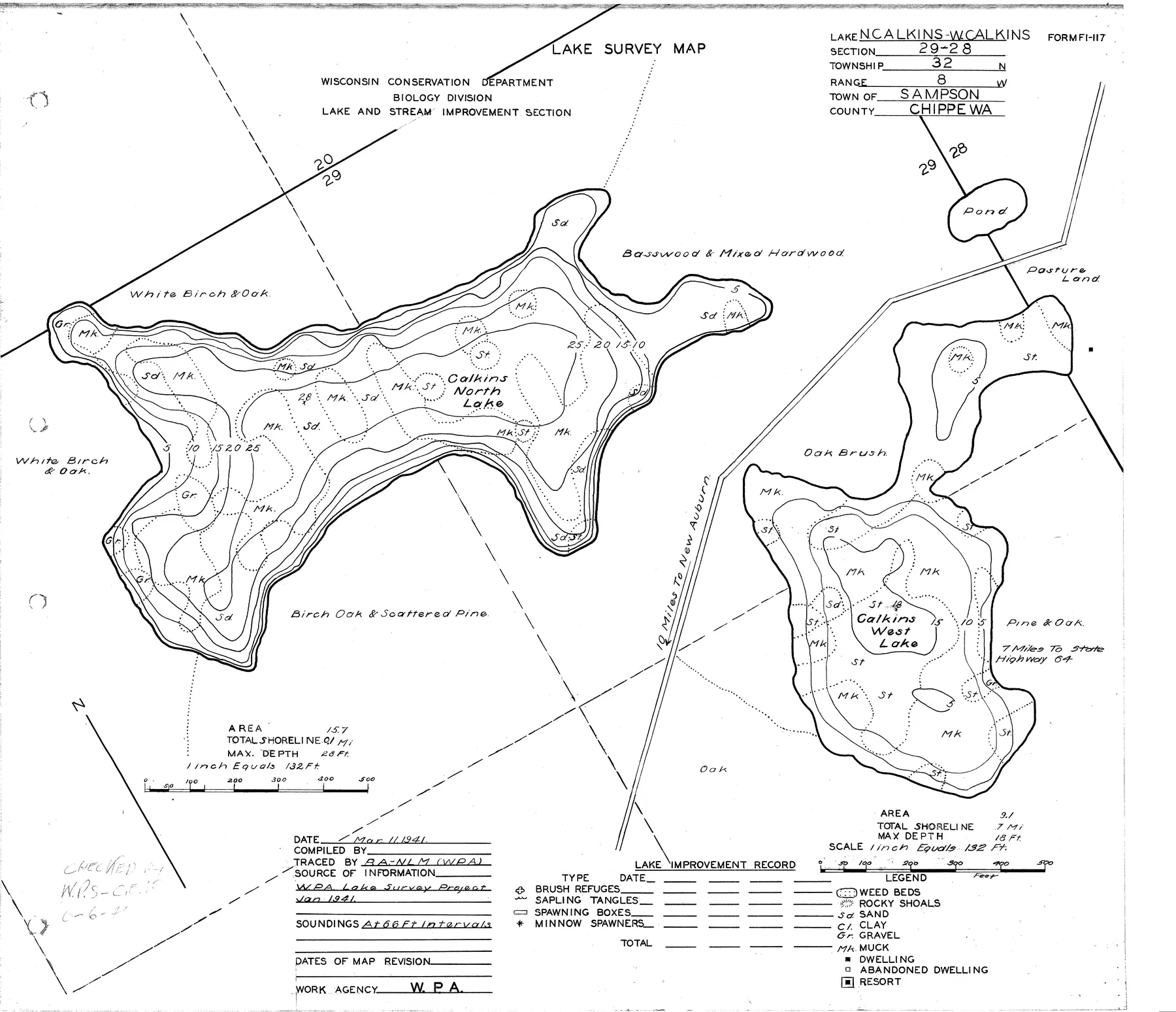Calkins North Lake historical Wisconsin DNR depth map sheet 1