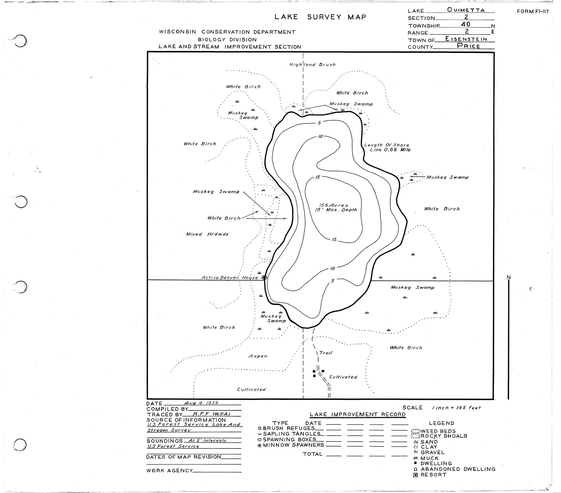 Quimette Lake historical Wisconsin DNR depth map sheet 1