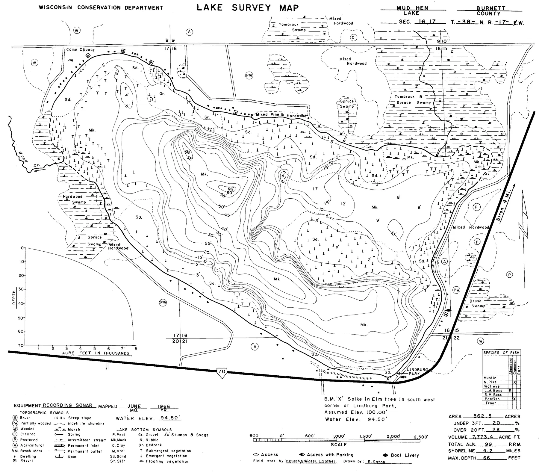 Mud Hen Lake historical Wisconsin DNR depth map sheet 1