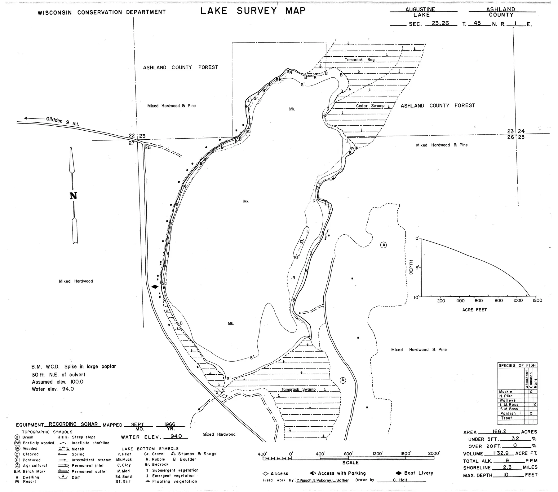 Augustine Lake historical Wisconsin DNR depth map sheet 1