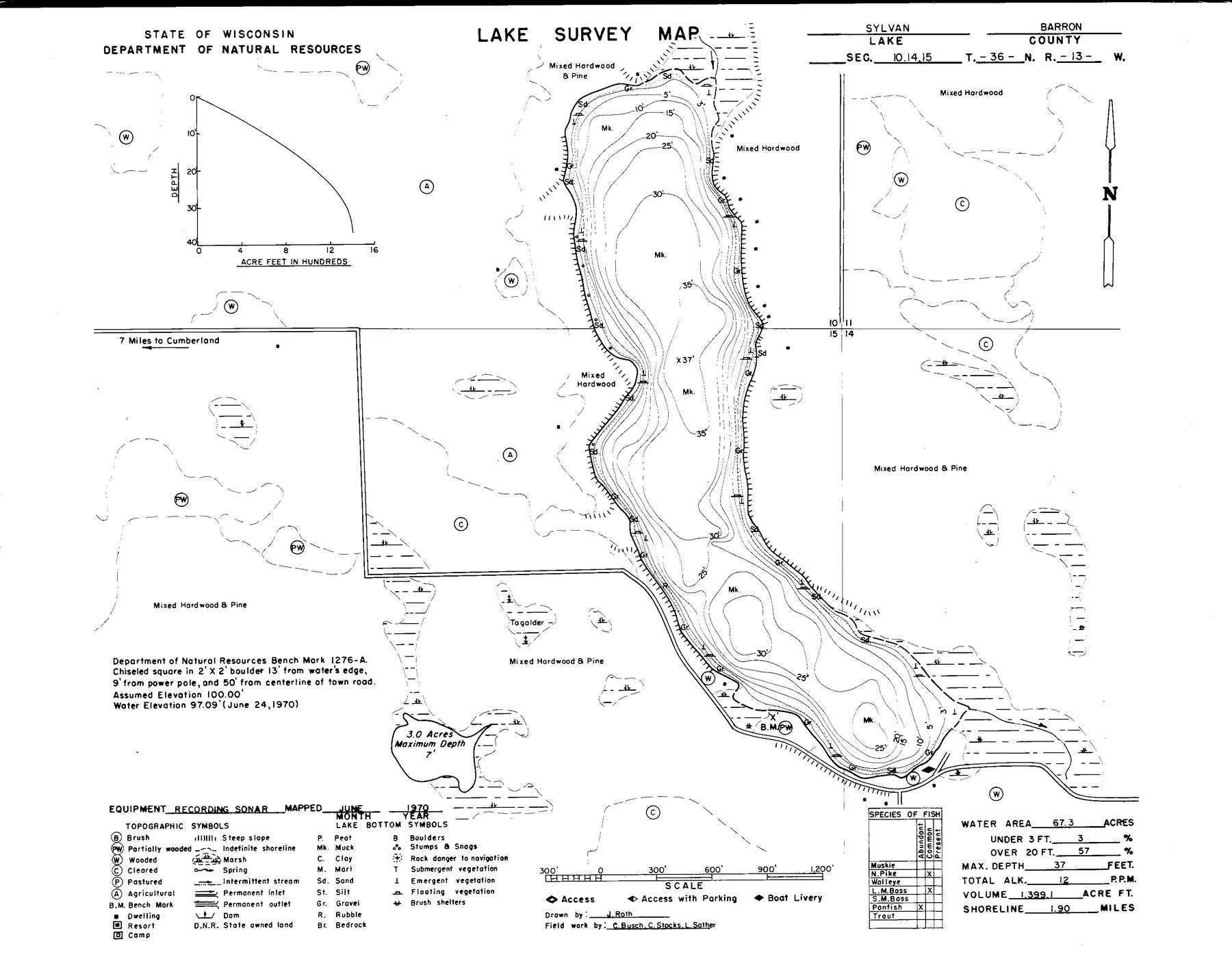 Sylvan Lake historical Wisconsin DNR depth map sheet 1