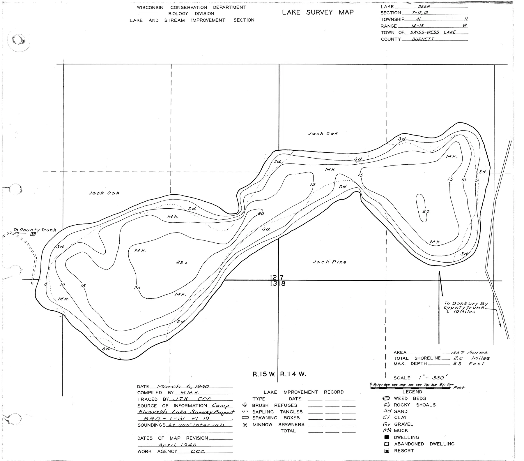 Deer Lake historical Wisconsin DNR depth map sheet 1