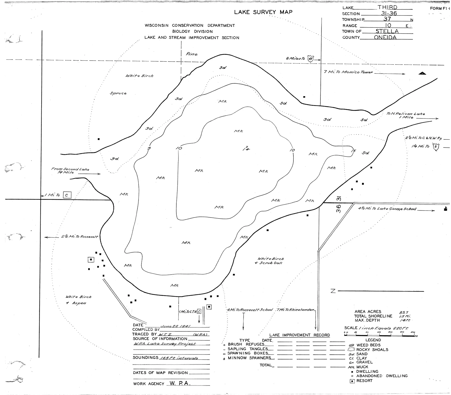 Third Lake historical Wisconsin DNR depth map sheet 1