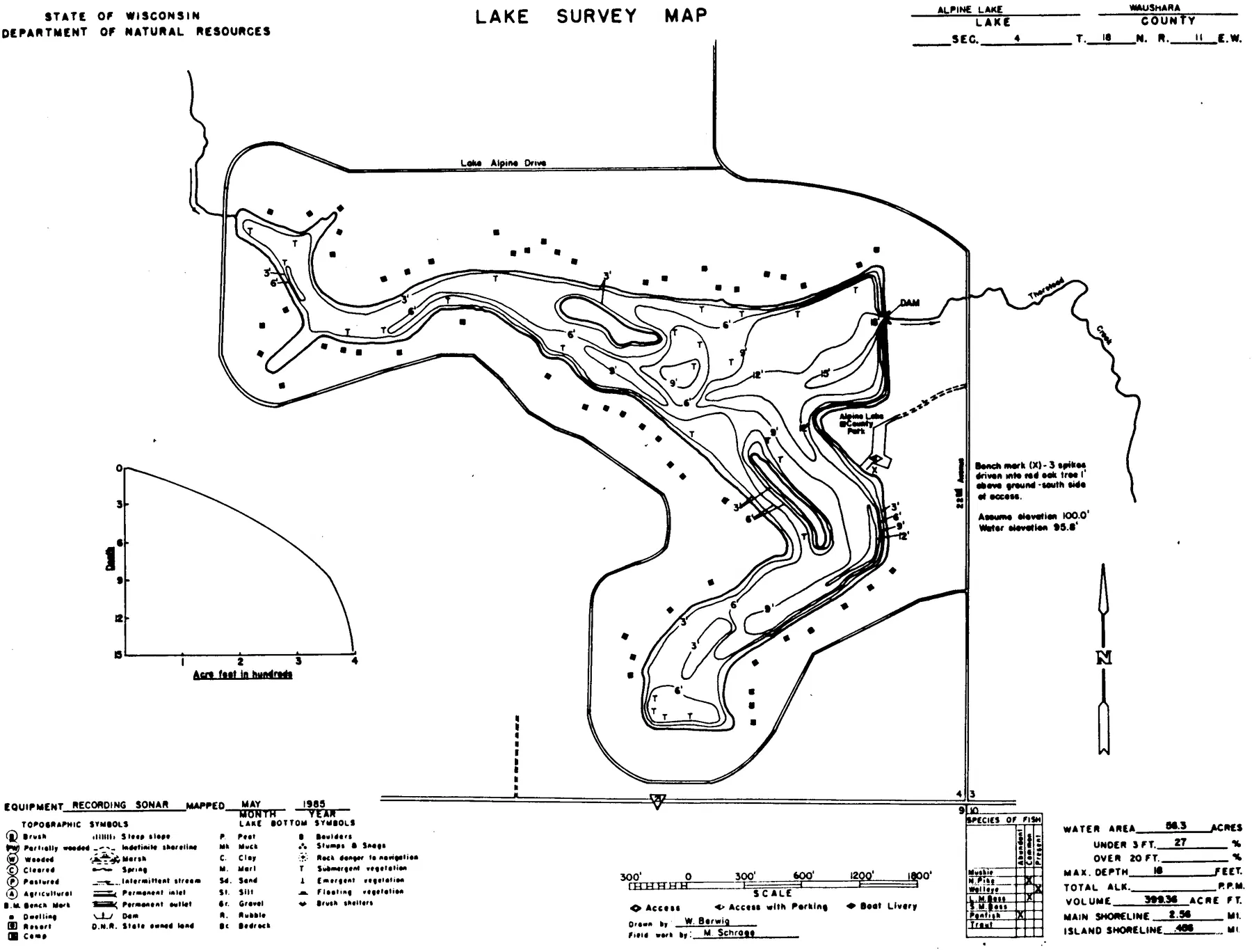 Alpine Lake historical Wisconsin DNR depth map sheet 1