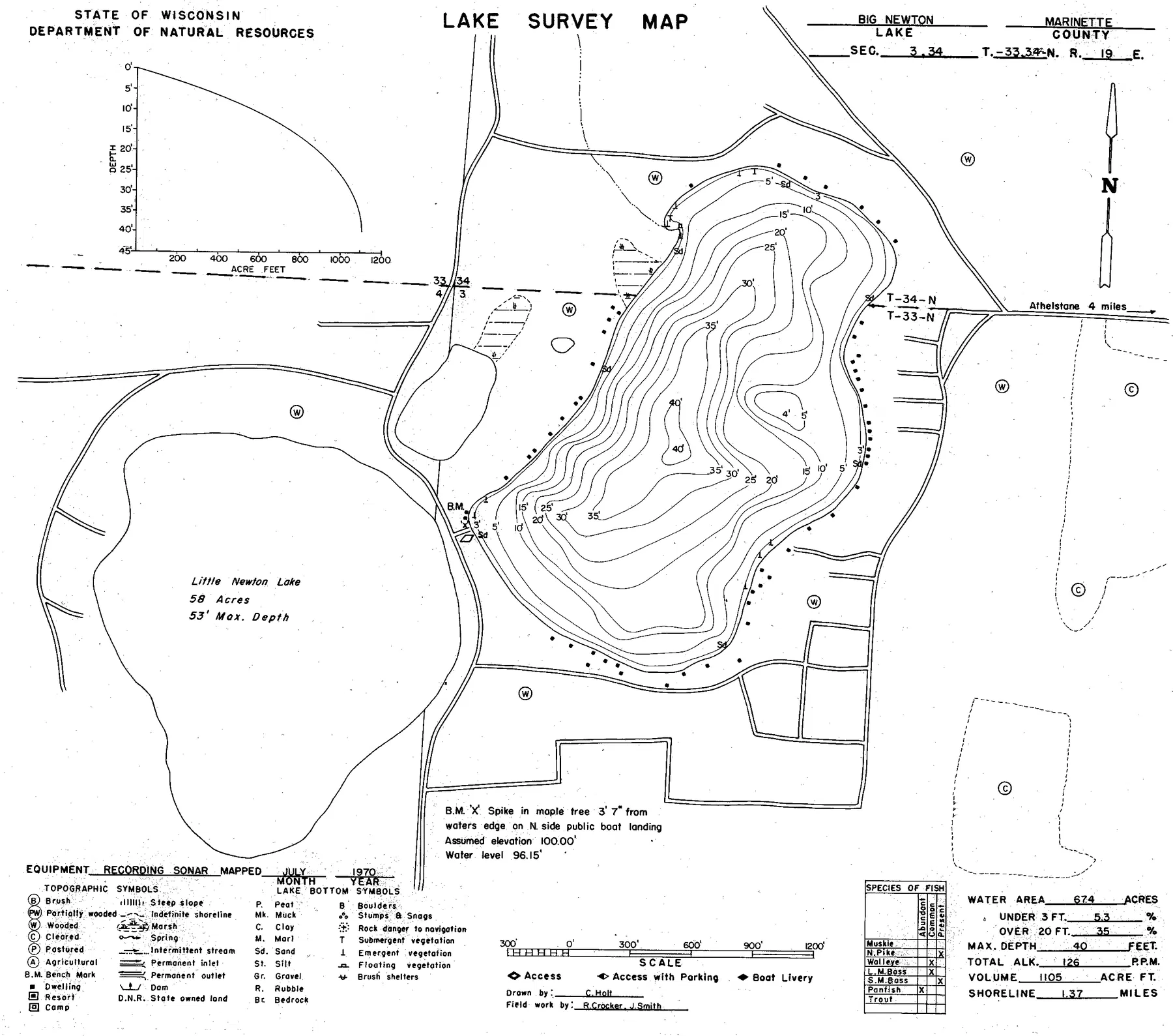 Newton Lake historical Wisconsin DNR depth map sheet 1