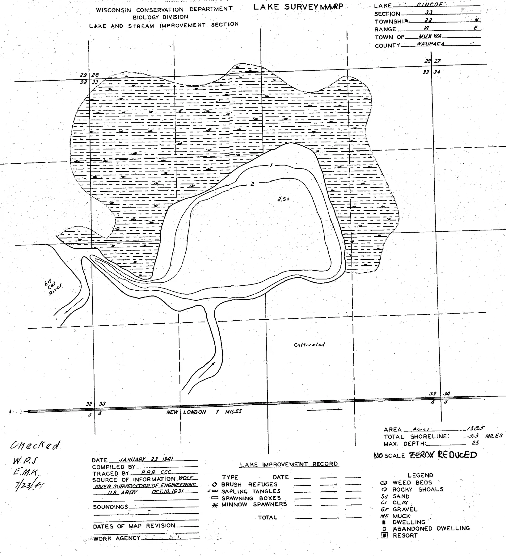 Cincoe Lake historical Wisconsin DNR depth map sheet 1
