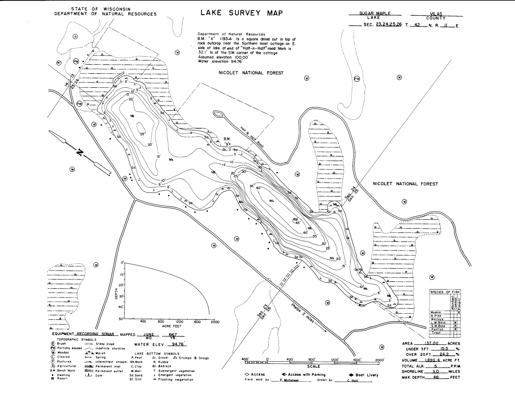 Sugar Maple Lake historical Wisconsin DNR depth map sheet 1