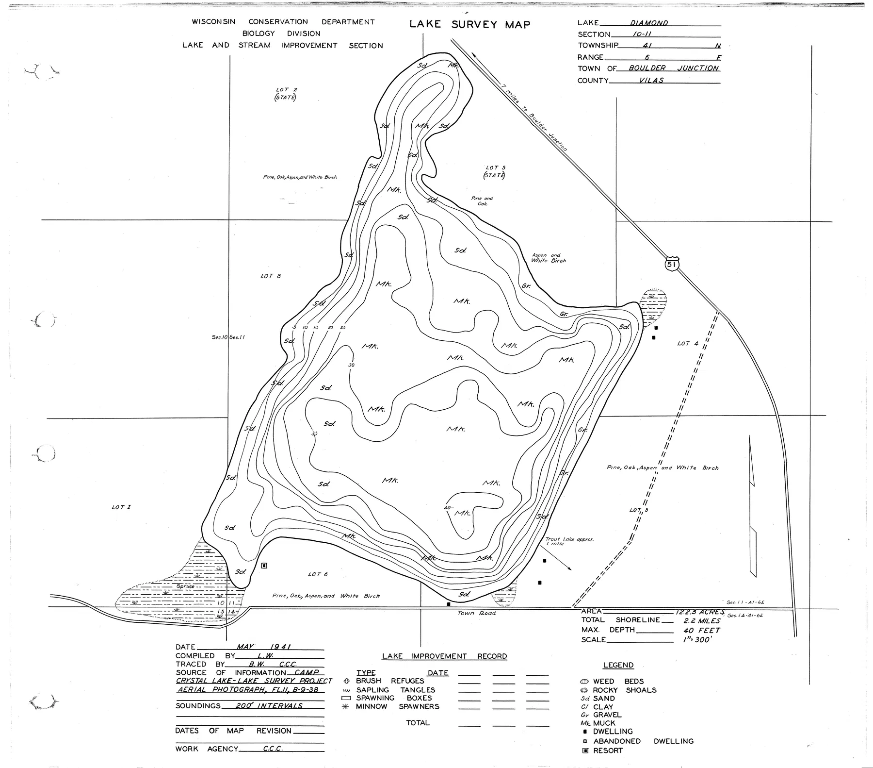 Diamond Lake historical Wisconsin DNR depth map sheet 1