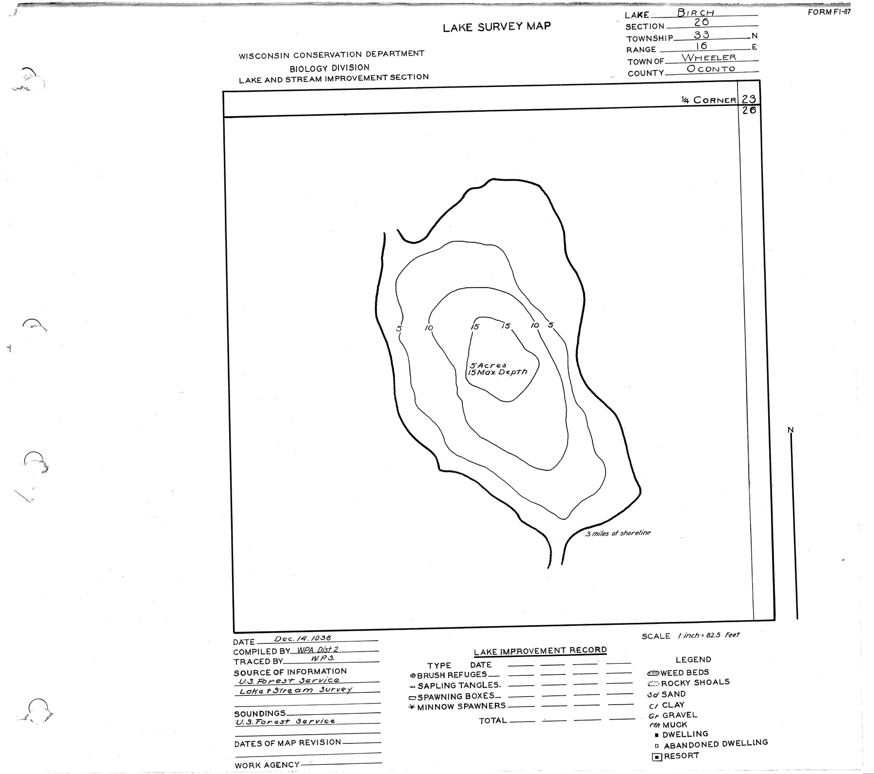 Birch Lake historical Wisconsin DNR depth map sheet 1