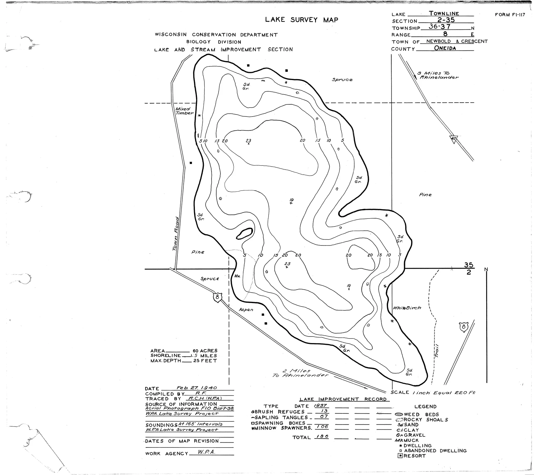 Townline Lake historical Wisconsin DNR depth map sheet 1