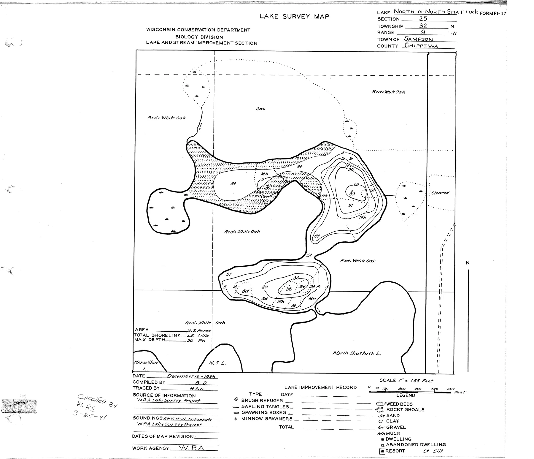 North of North Shattuck Lake historical Wisconsin DNR depth map sheet 1