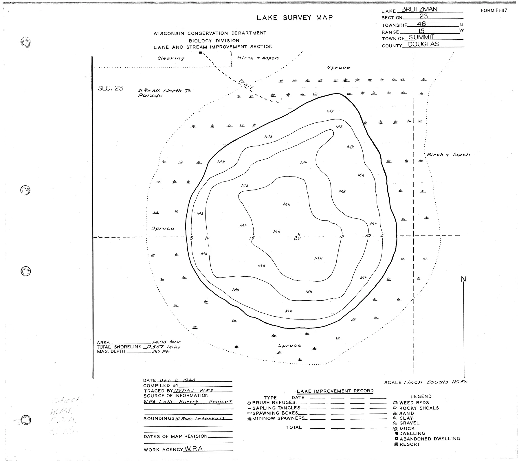 Breitzman Lake historical Wisconsin DNR depth map sheet 1