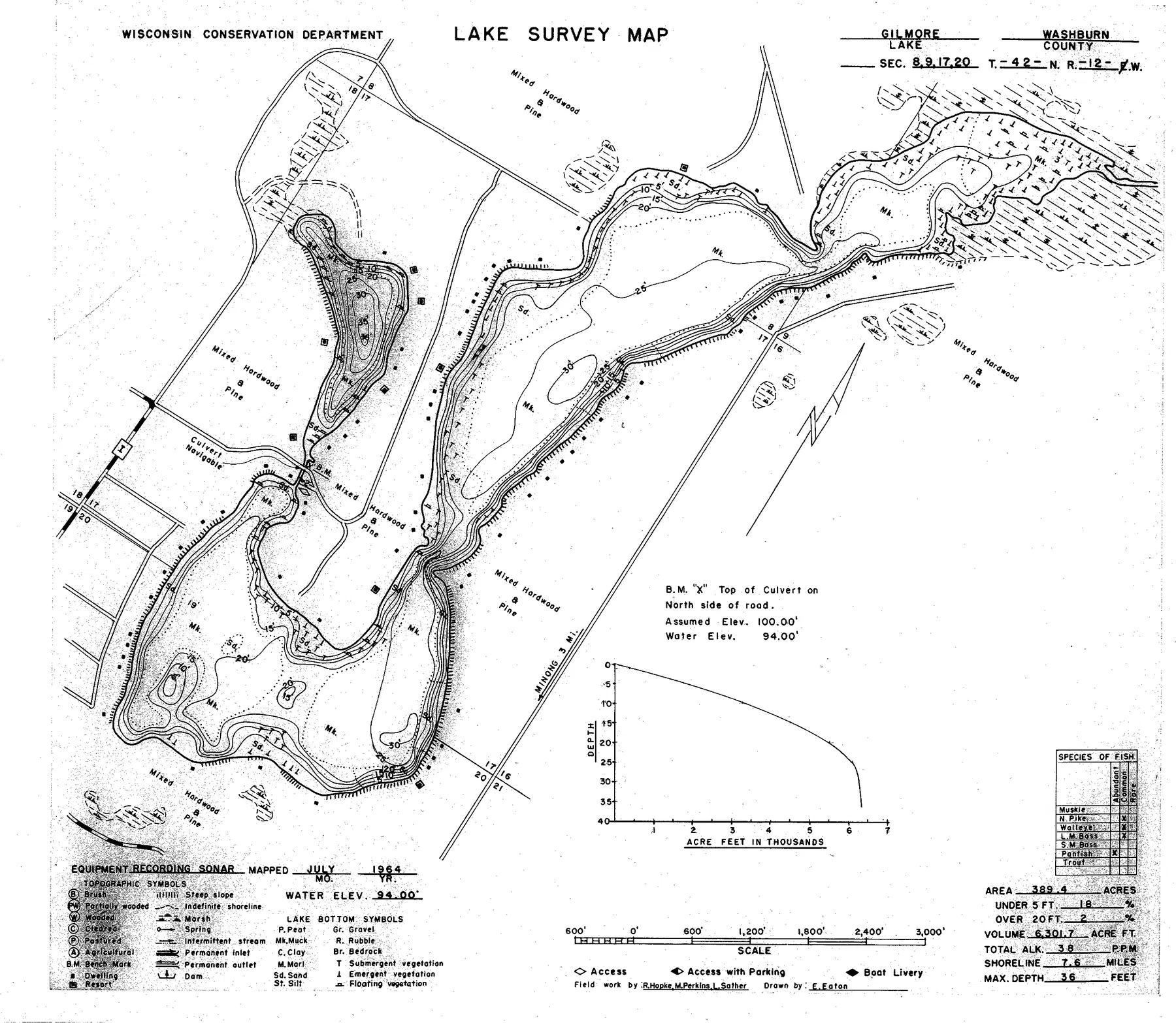 Gilmore Lake historical Wisconsin DNR depth map sheet 1