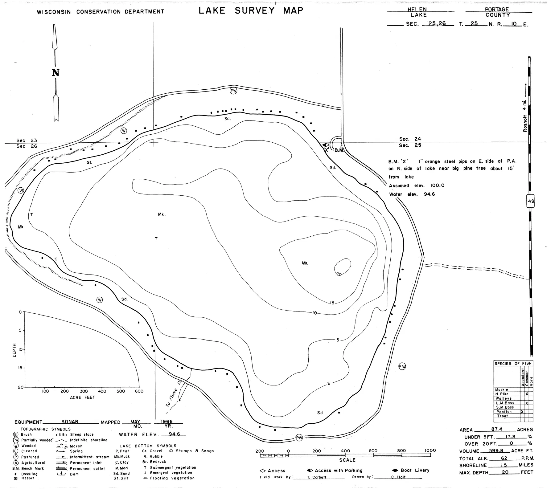Lake Helen historical Wisconsin DNR depth map sheet 1