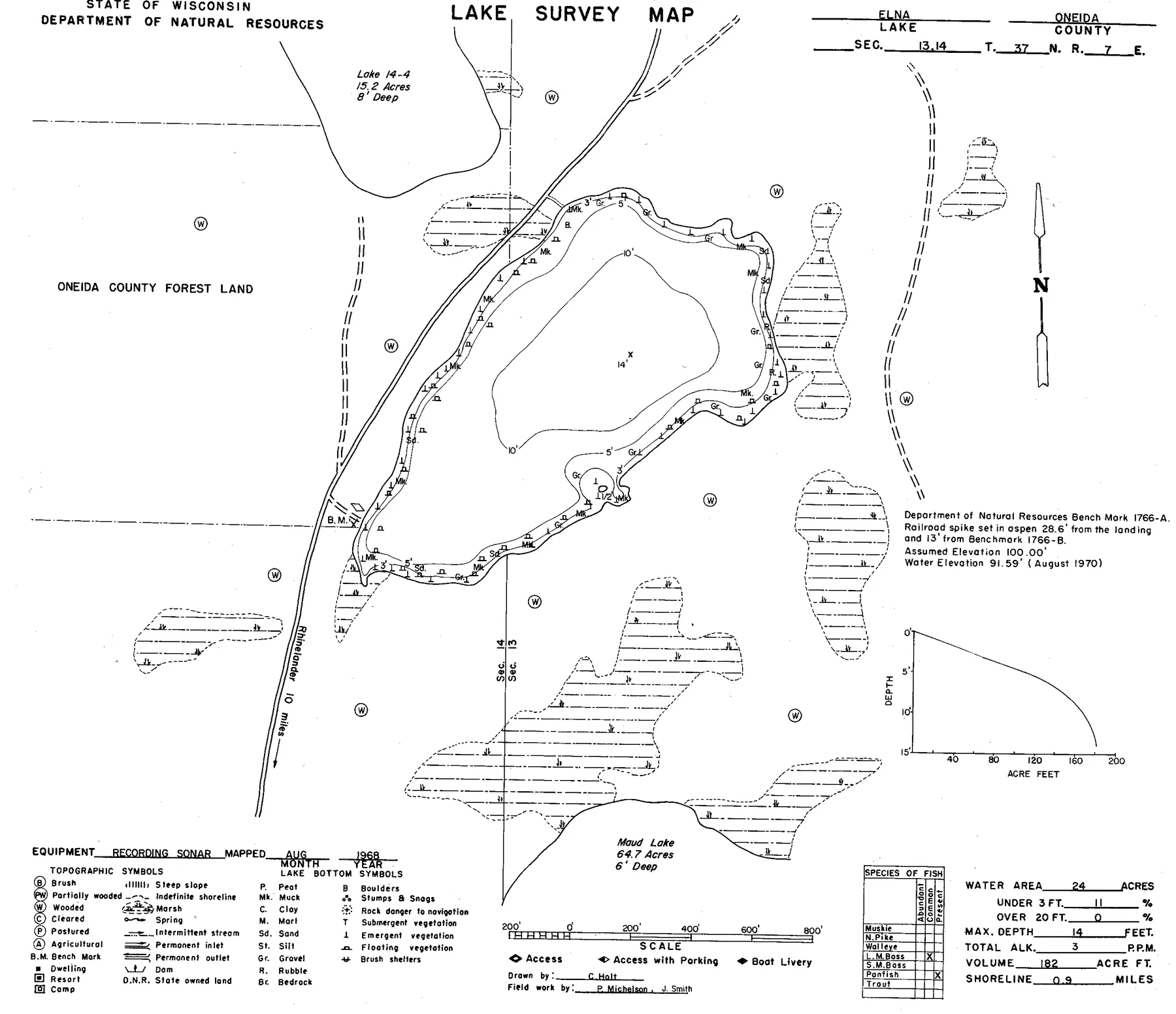 Elna Lake historical Wisconsin DNR depth map sheet 1