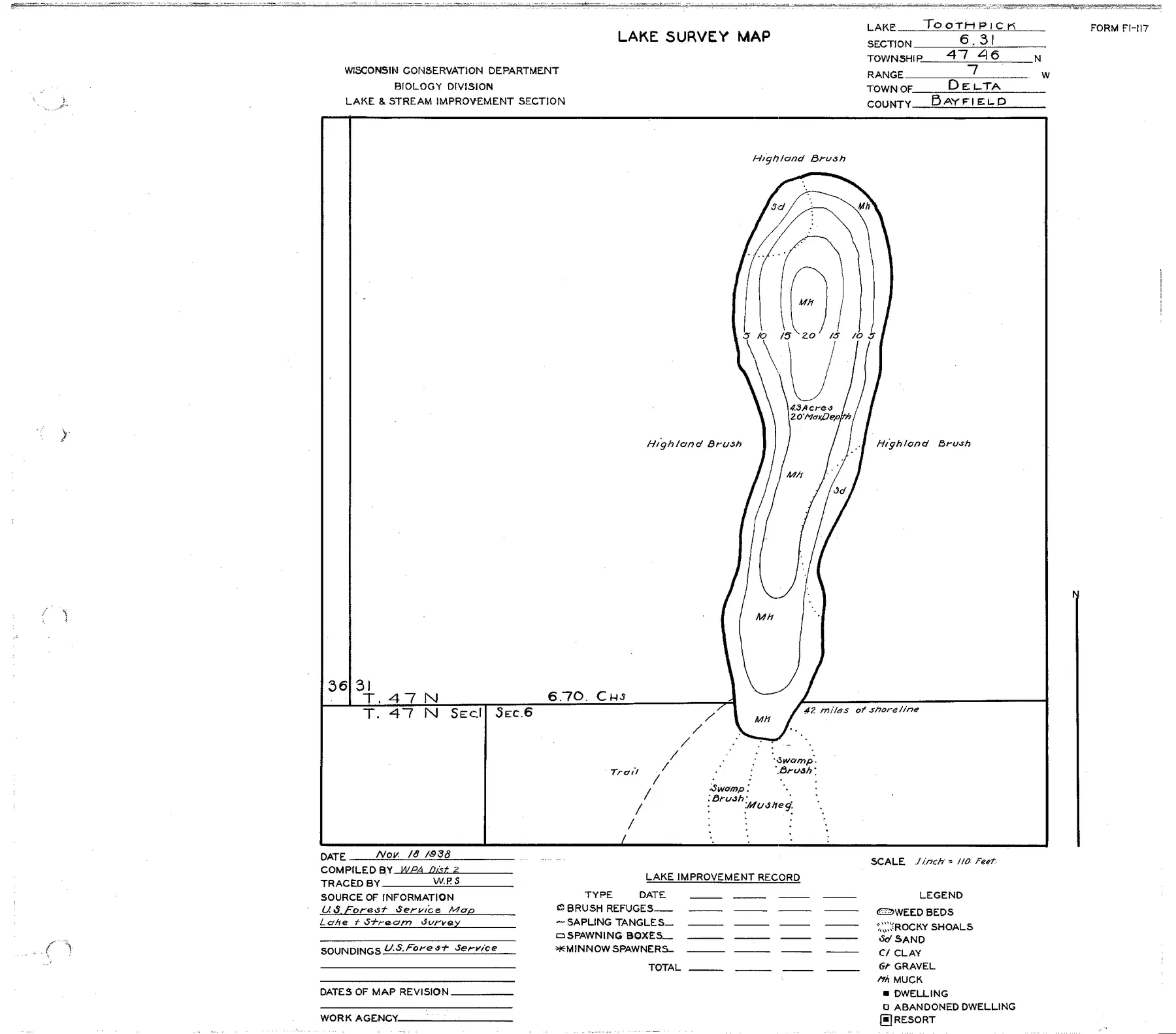 Toothpick Lake historical Wisconsin DNR depth map sheet 1