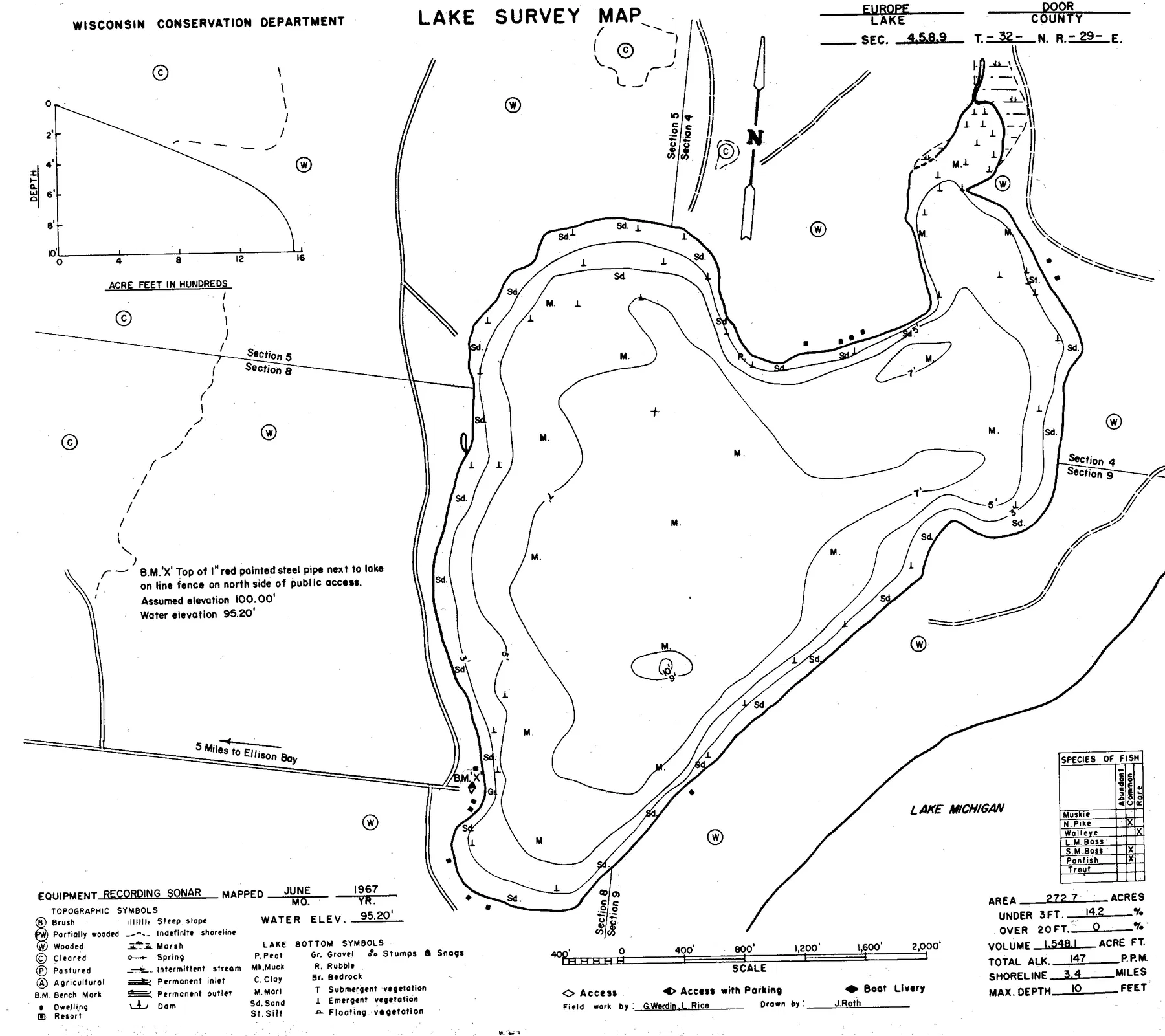 Europe Lake historical Wisconsin DNR depth map sheet 1