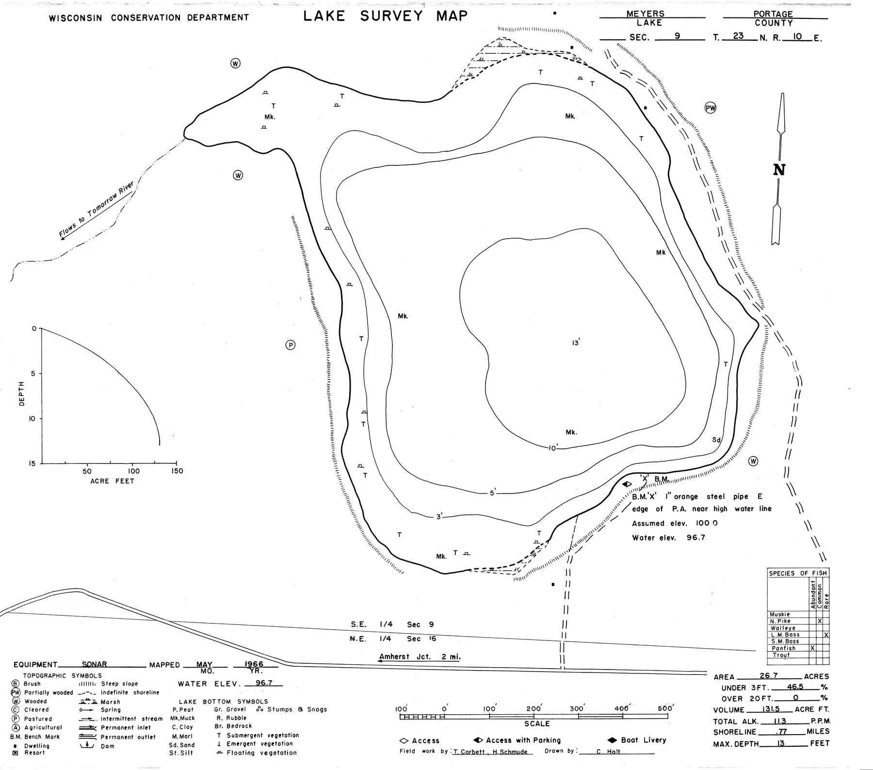 Meyers Lake historical Wisconsin DNR depth map sheet 1