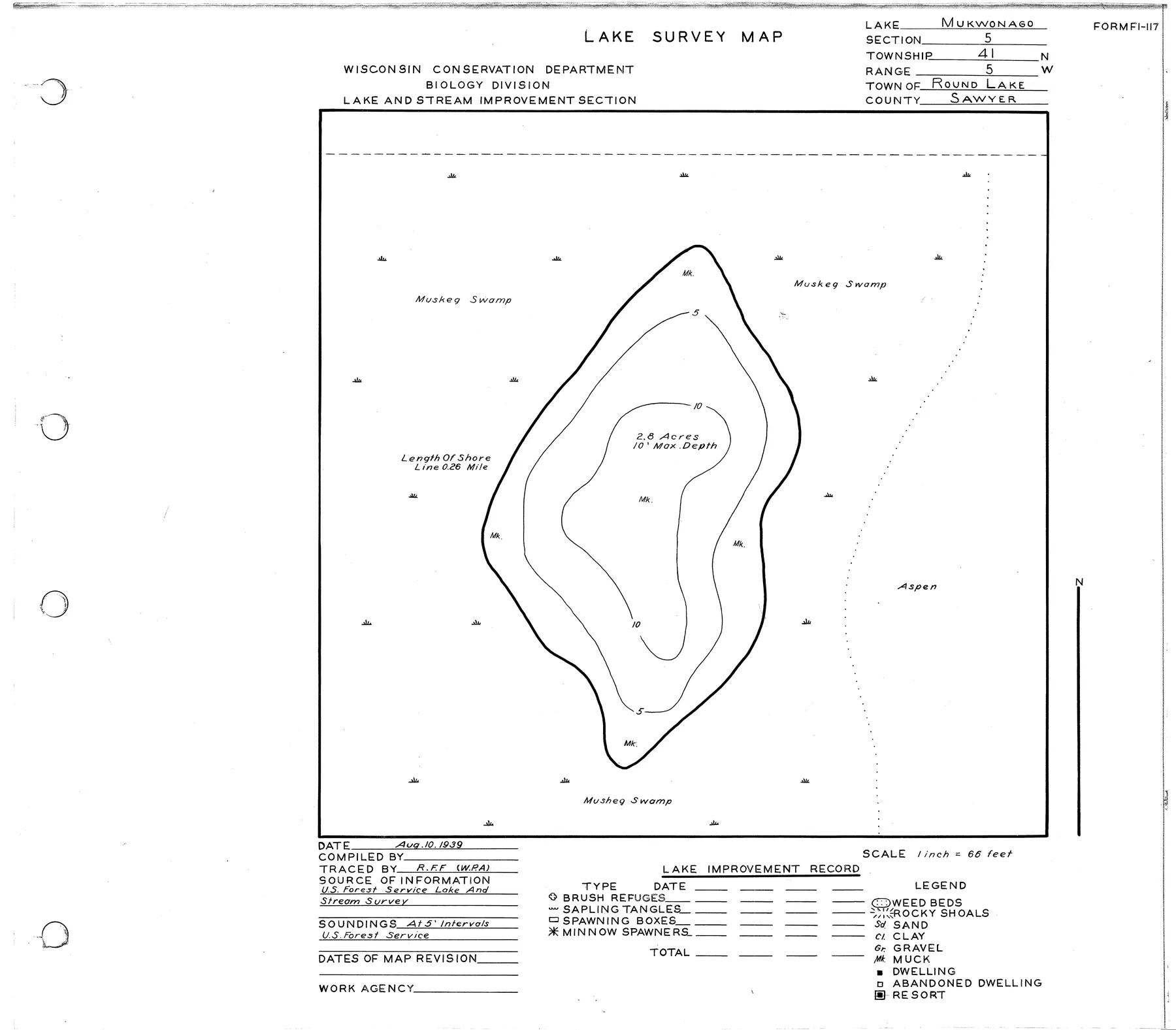 Mukwonago Lake historical Wisconsin DNR depth map sheet 1