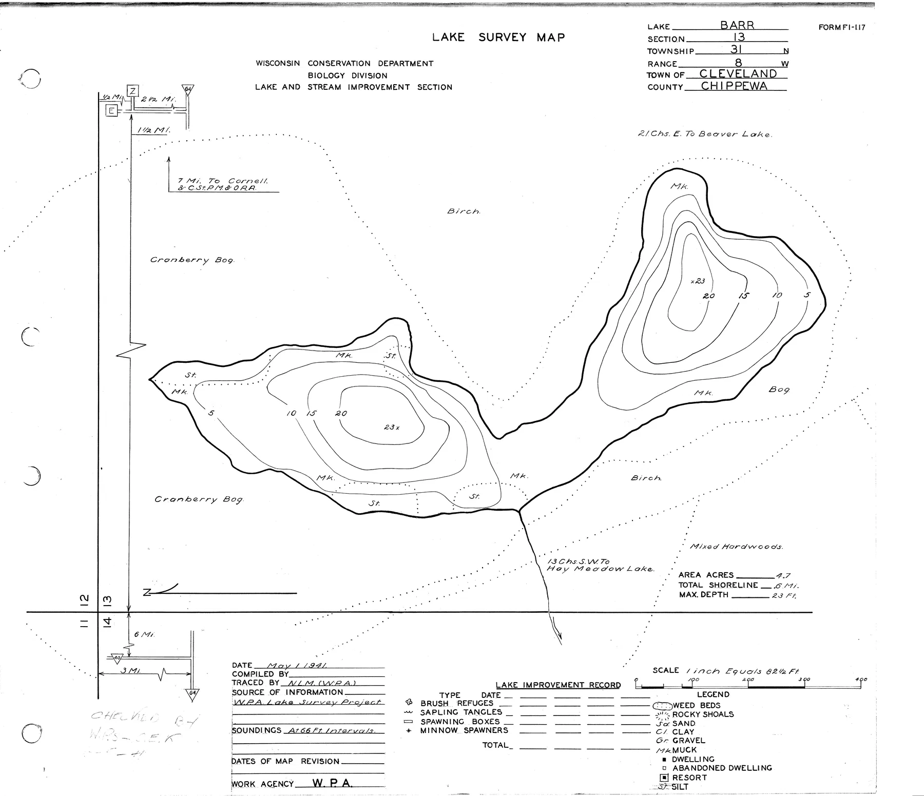 Barr Lake historical Wisconsin DNR depth map sheet 1