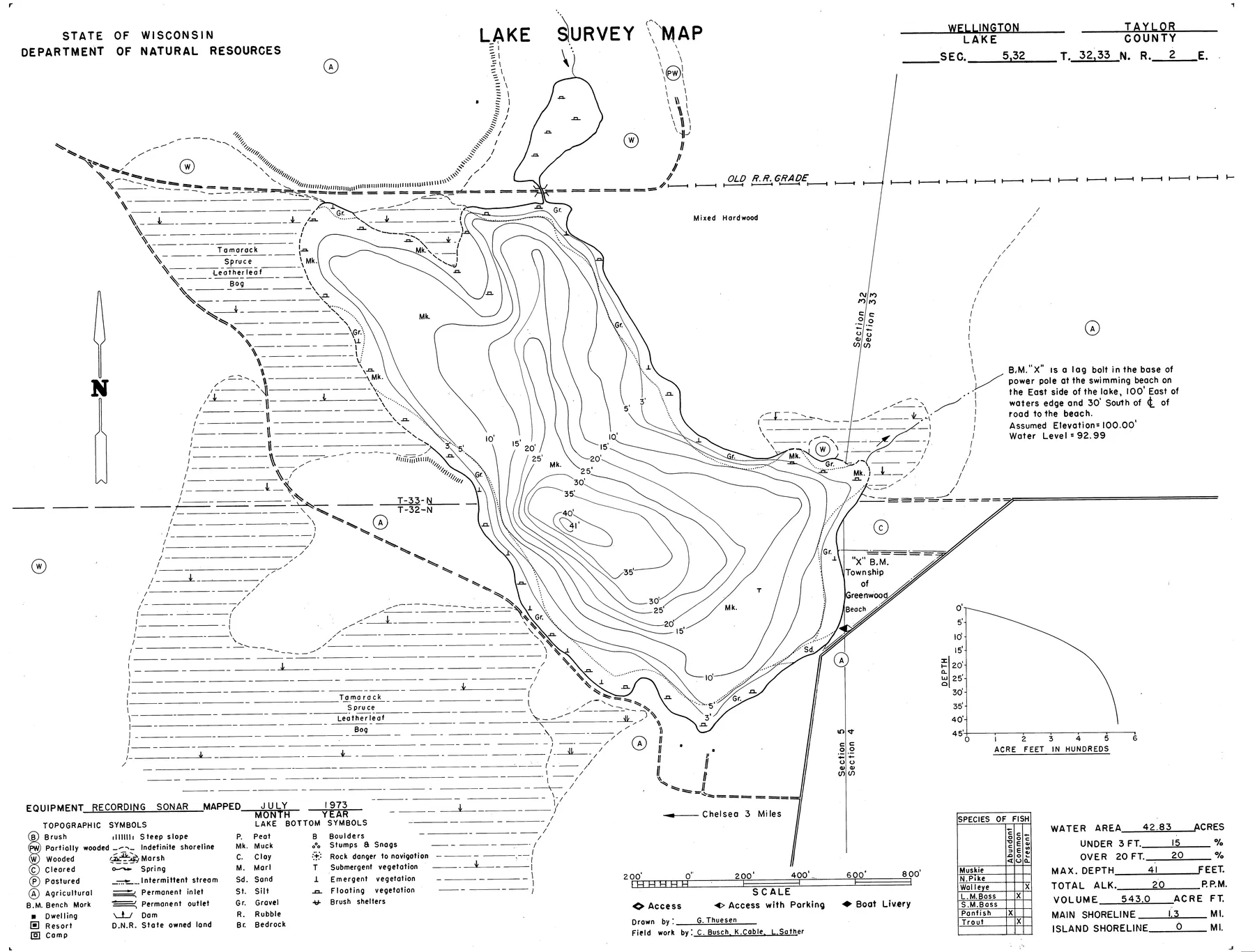 Wellington Lake historical Wisconsin DNR depth map sheet 1