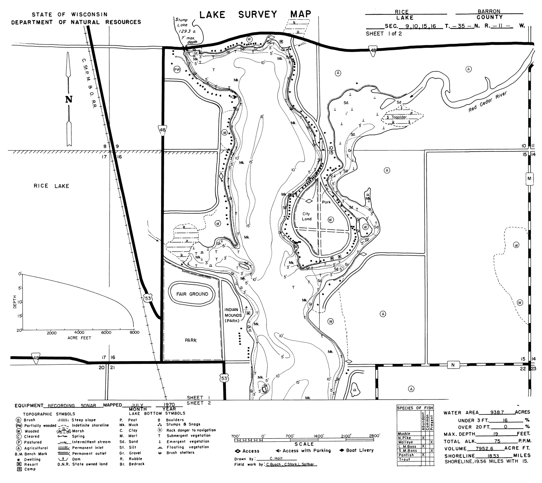 Rice Lake historical Wisconsin DNR depth map sheet 1