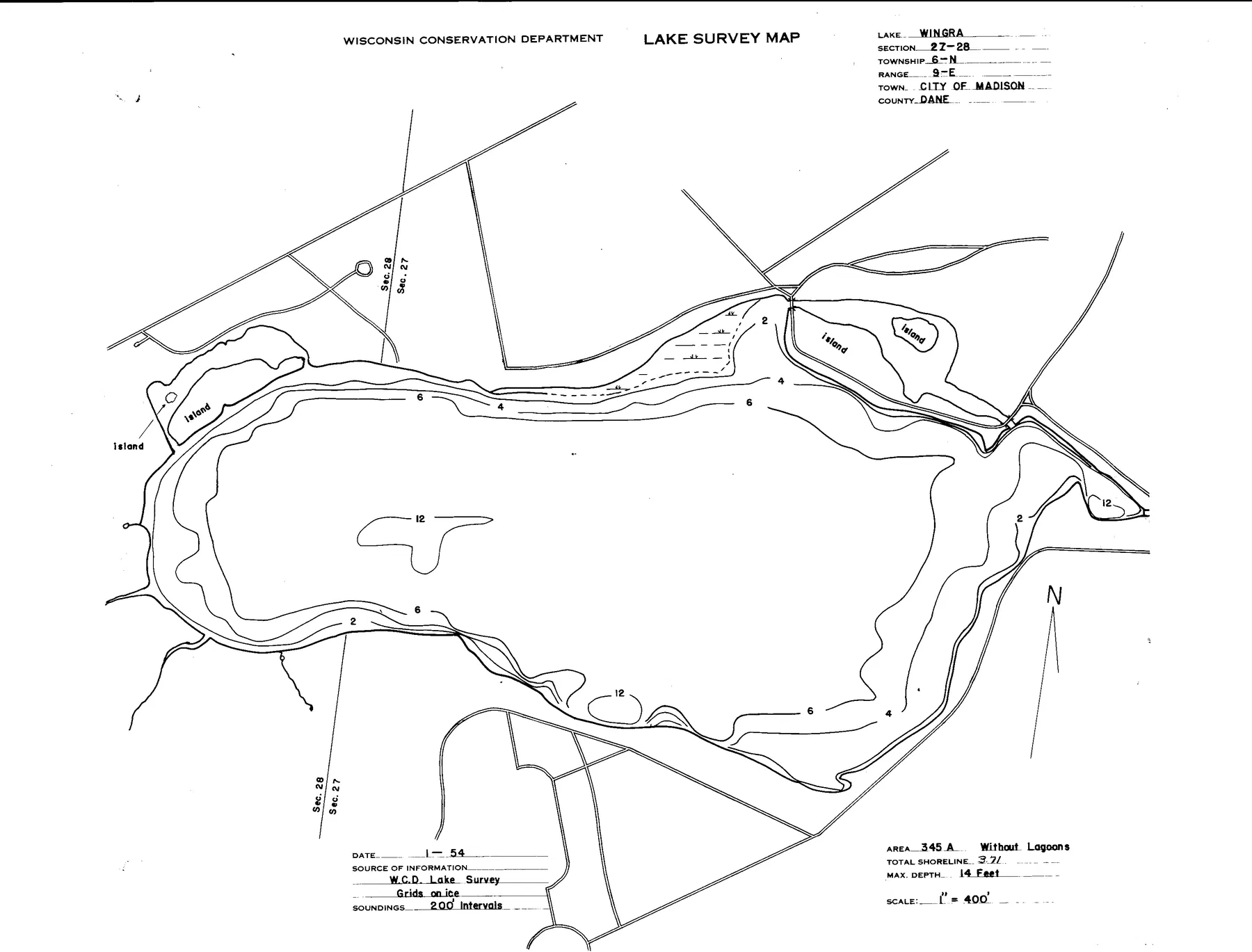 Lake Wingra historical Wisconsin DNR depth map sheet 1