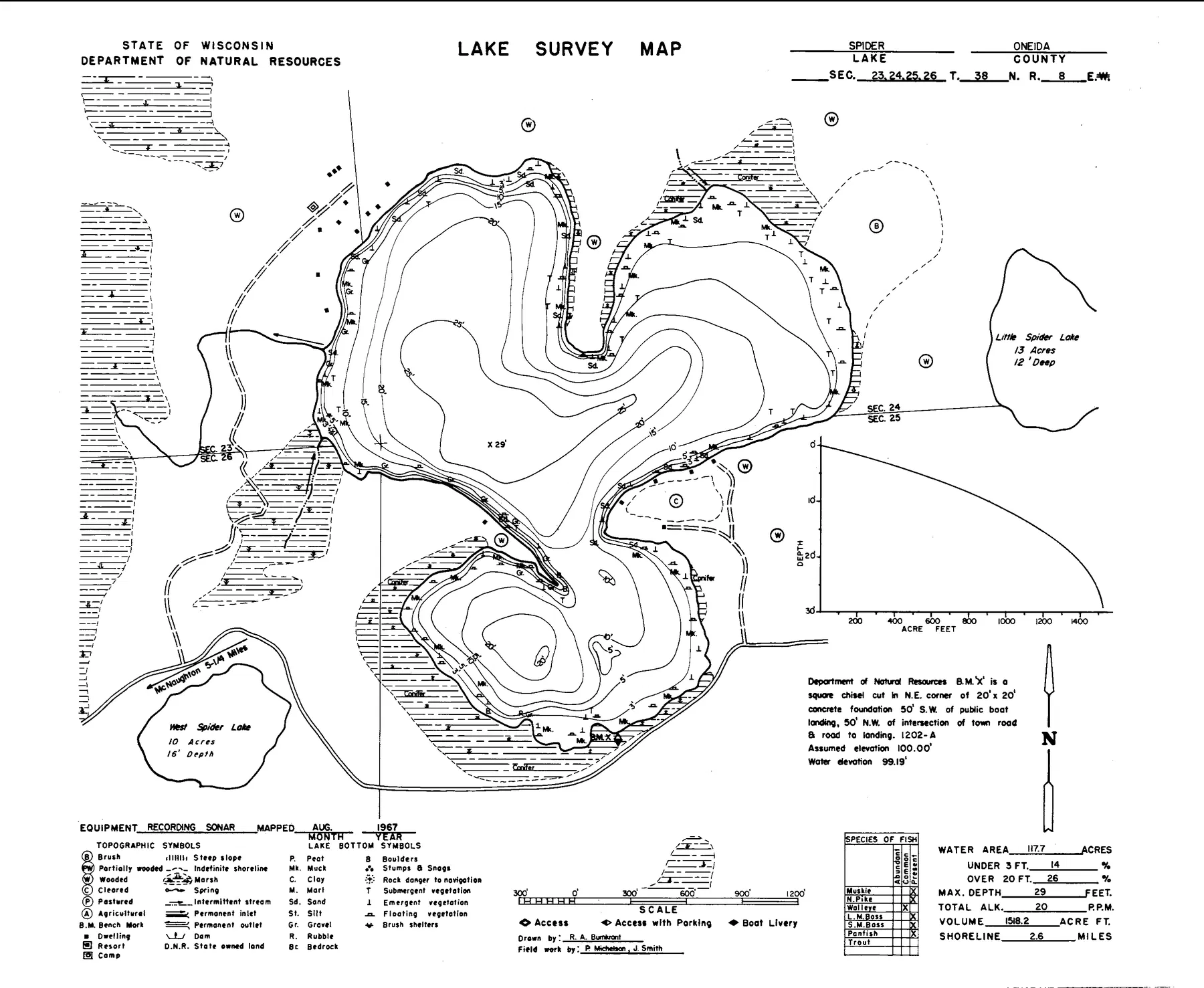 Spider Lake historical Wisconsin DNR depth map sheet 1