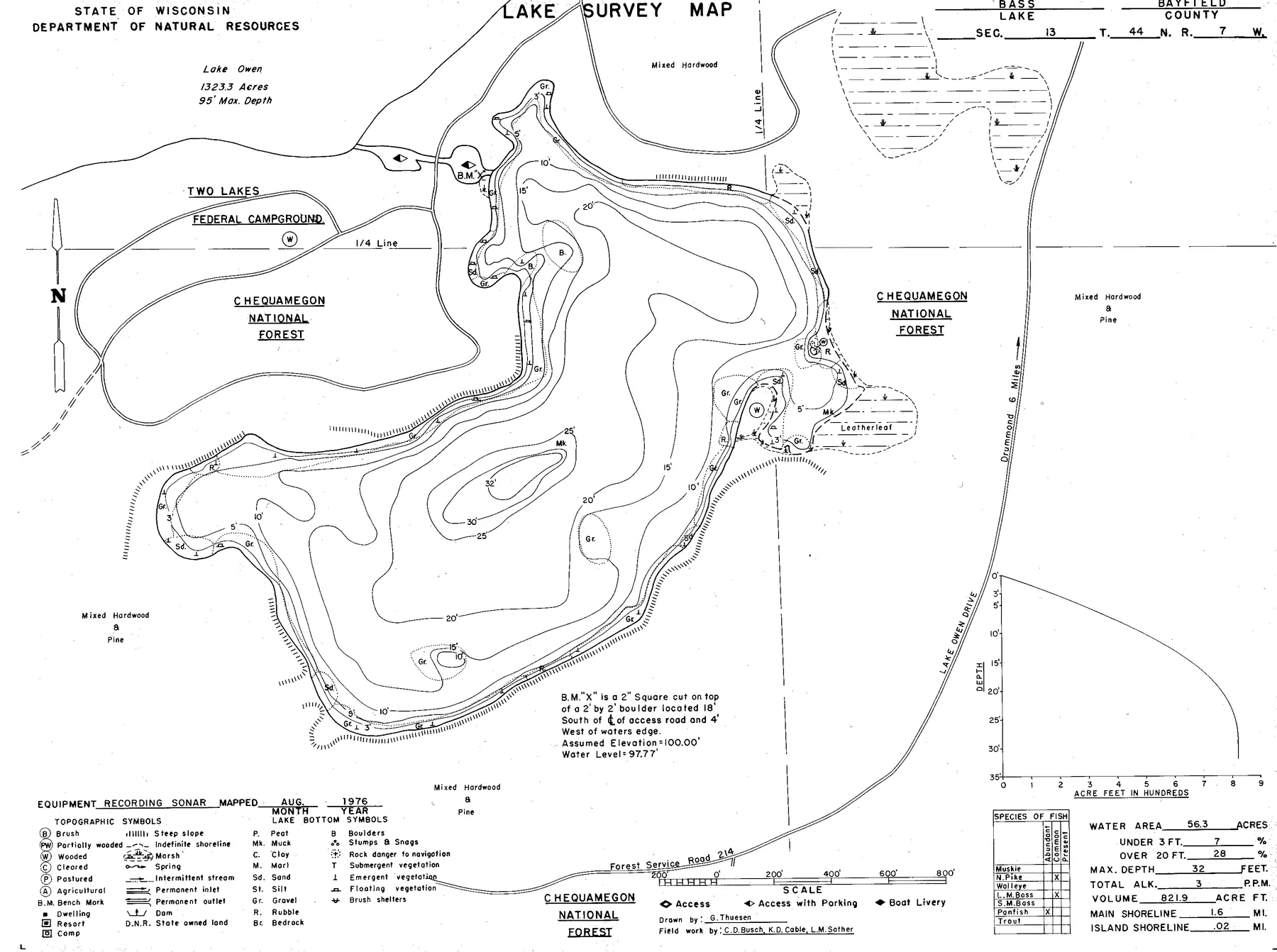 Bass Lake historical Wisconsin DNR depth map sheet 1