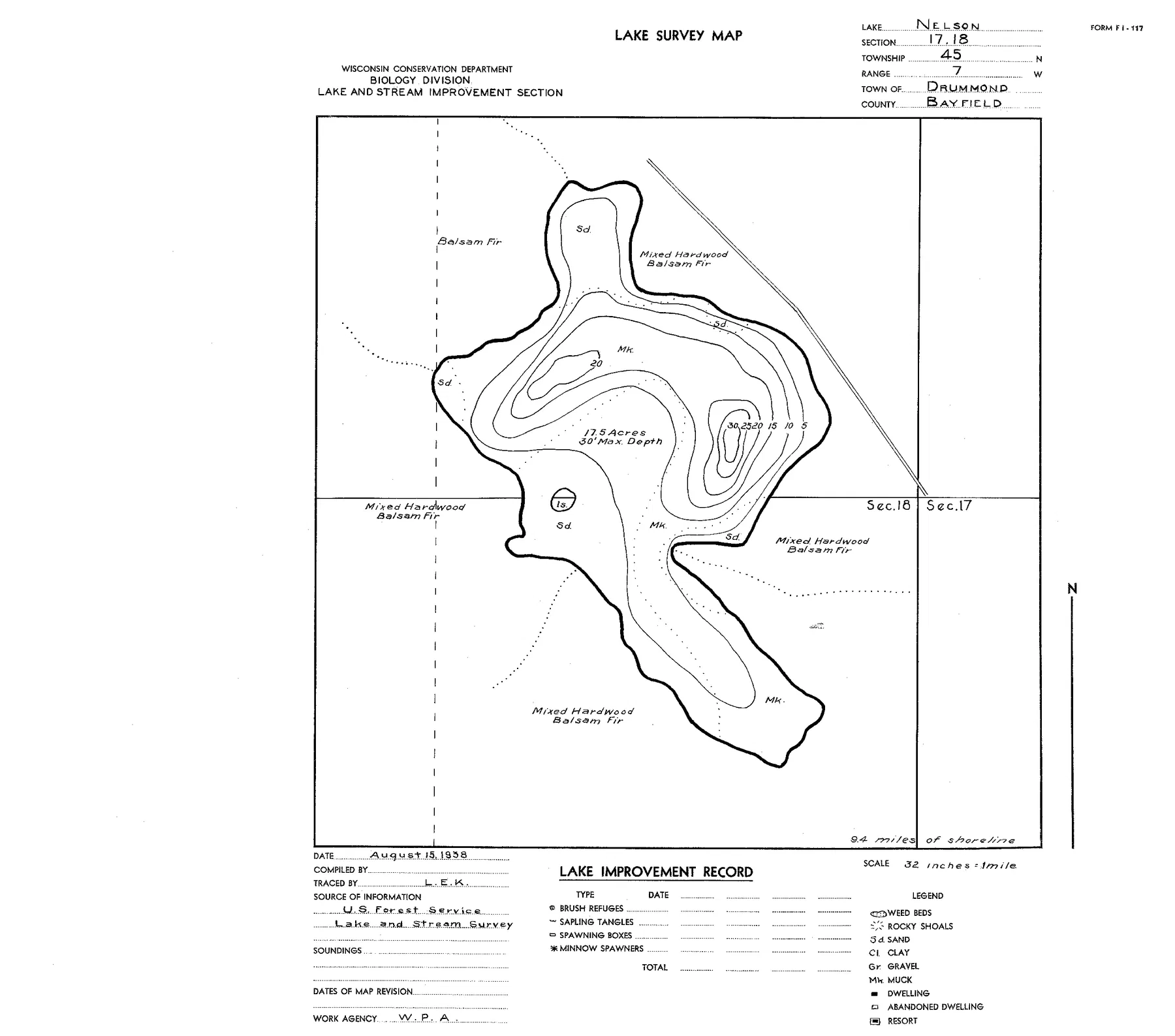 Nelson Lake historical Wisconsin DNR depth map sheet 1
