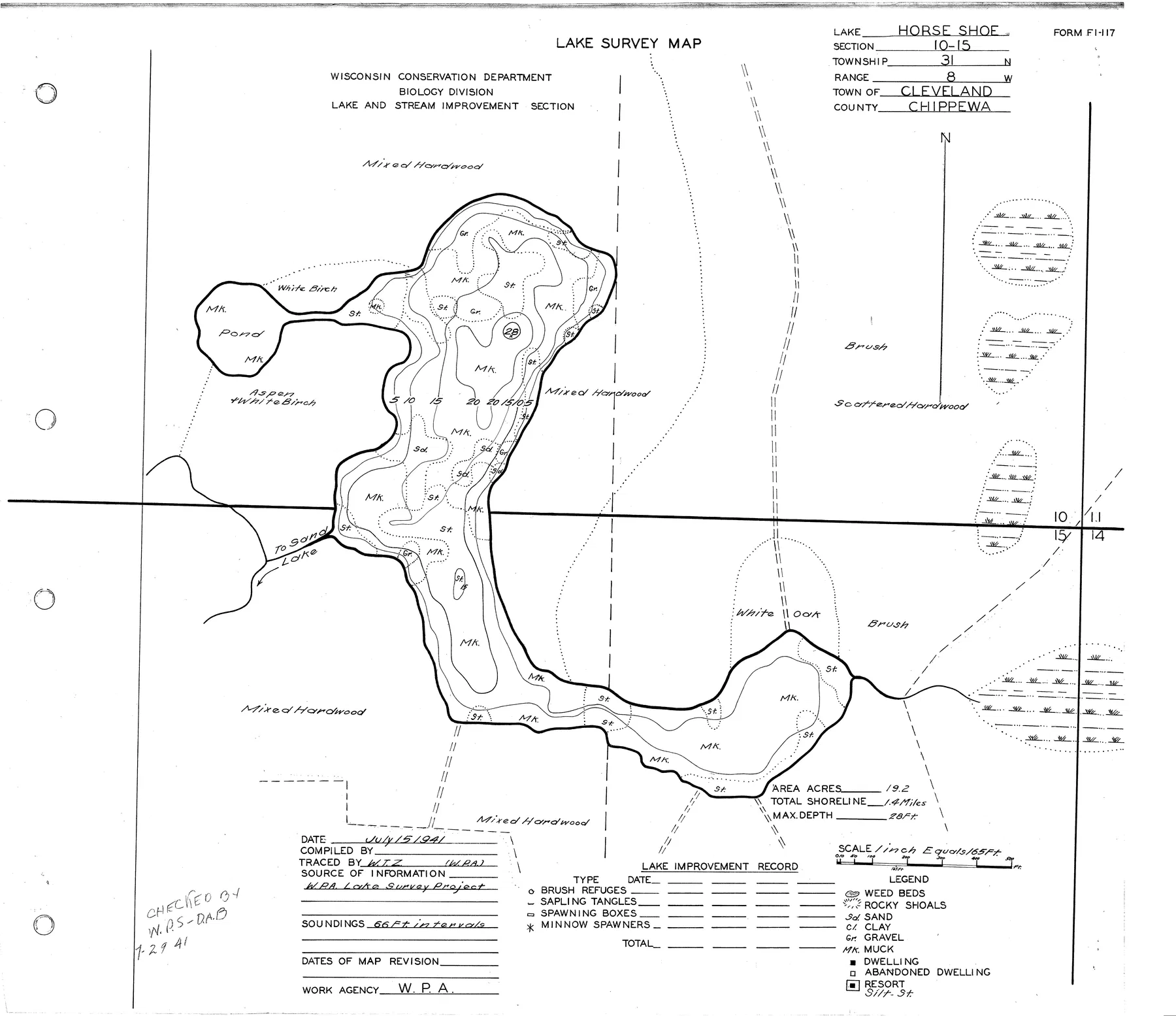 Horseshoe Lake historical Wisconsin DNR depth map sheet 1