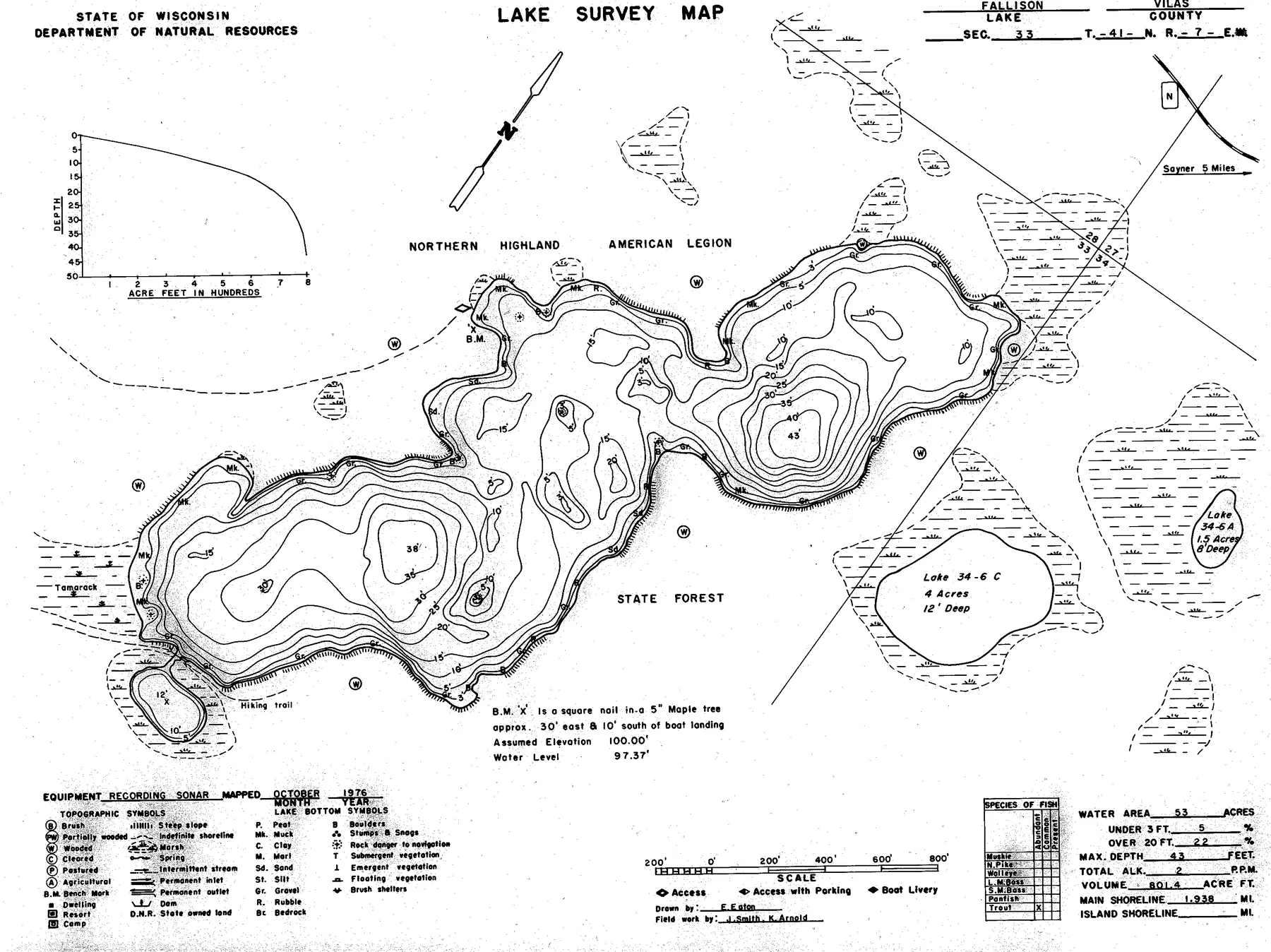 Fallison Lake historical Wisconsin DNR depth map sheet 1