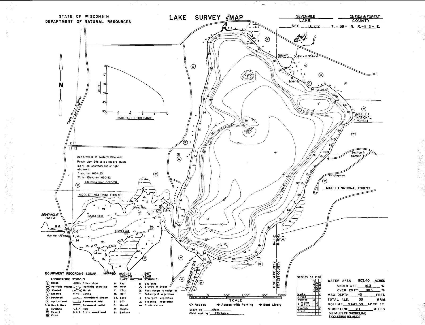 Sevenmile Lake historical Wisconsin DNR depth map sheet 1