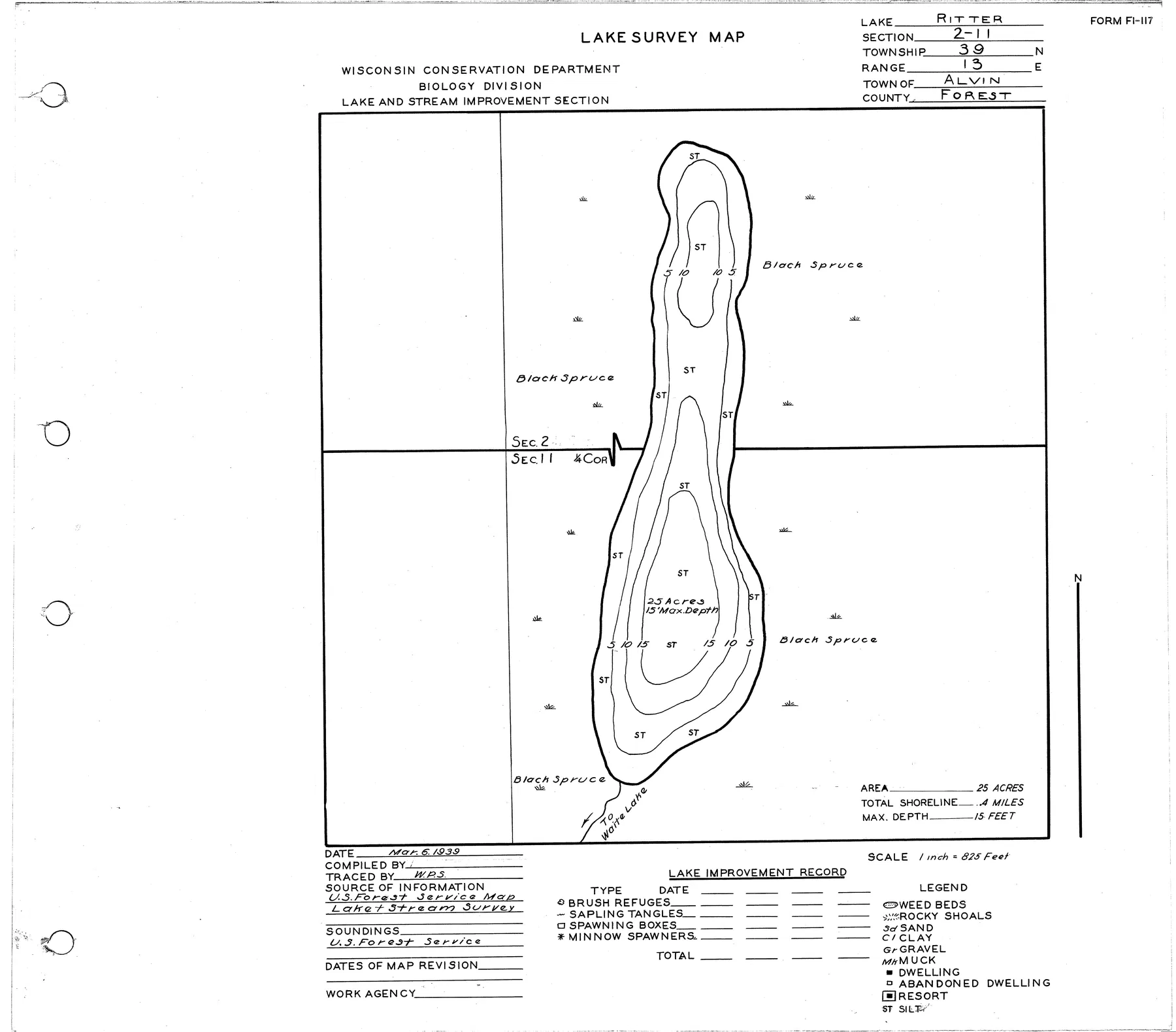 Ritter Lake historical Wisconsin DNR depth map sheet 1