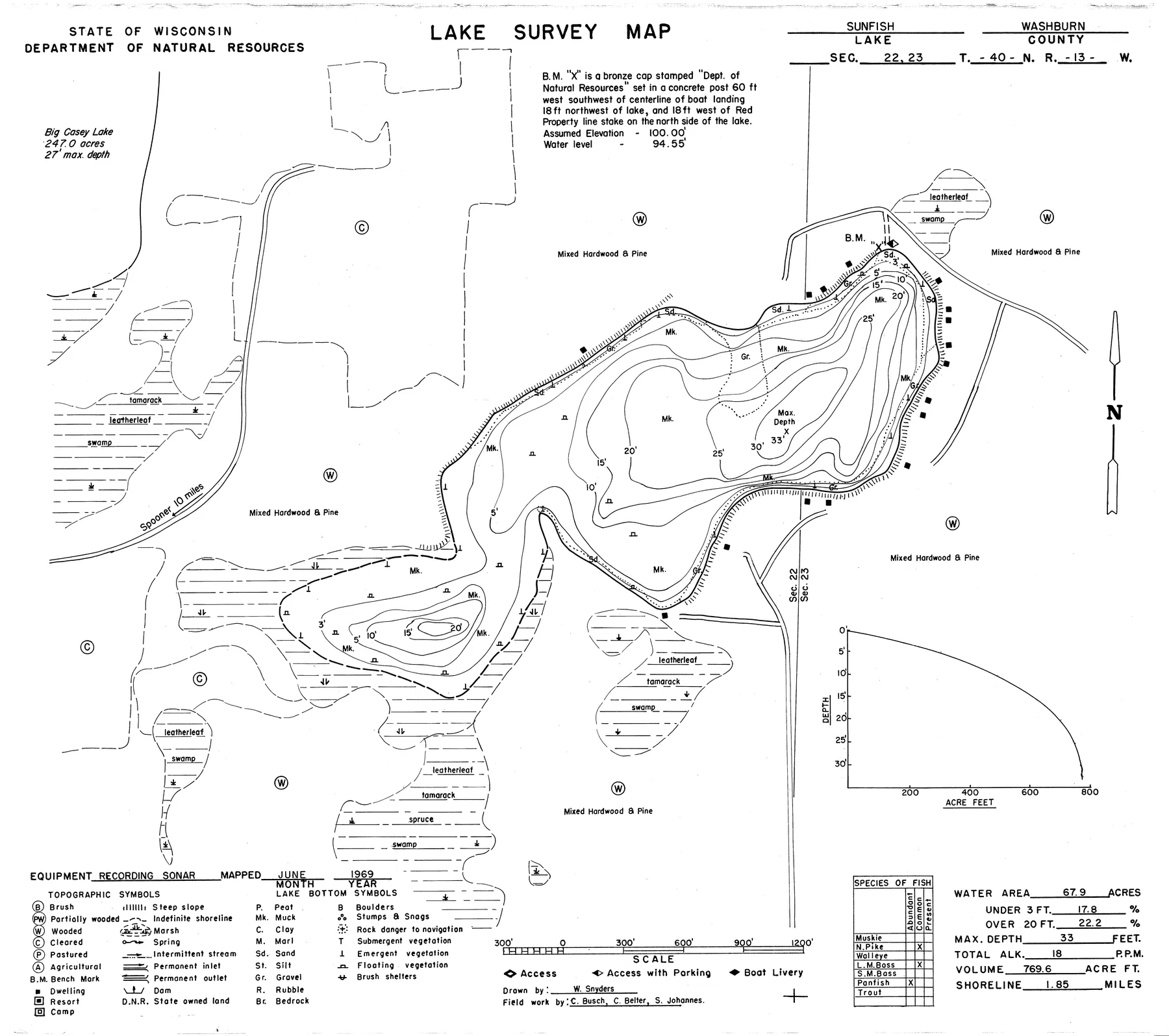 Sunfish Lake historical Wisconsin DNR depth map sheet 1