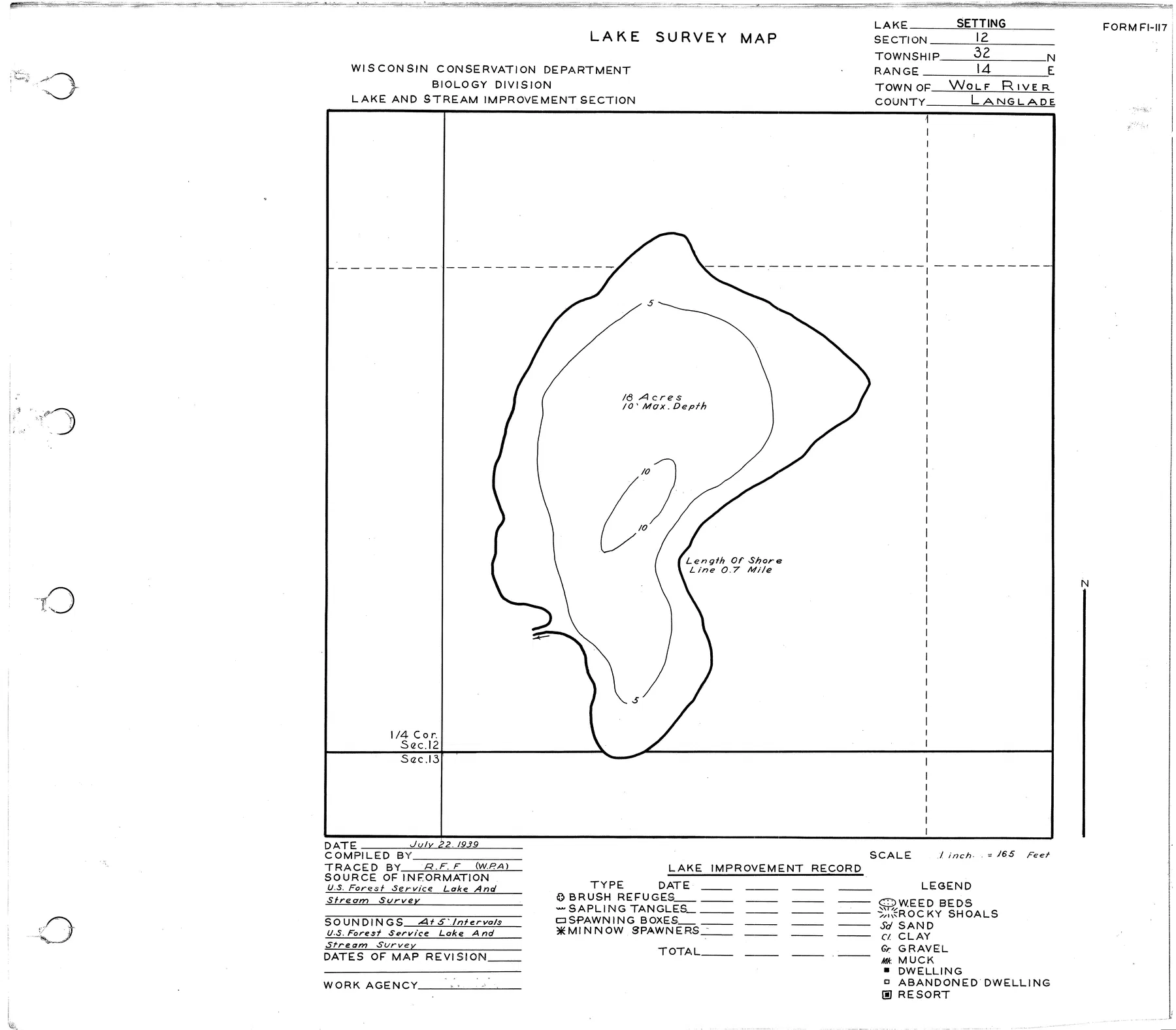 Setting Lake historical Wisconsin DNR depth map sheet 1