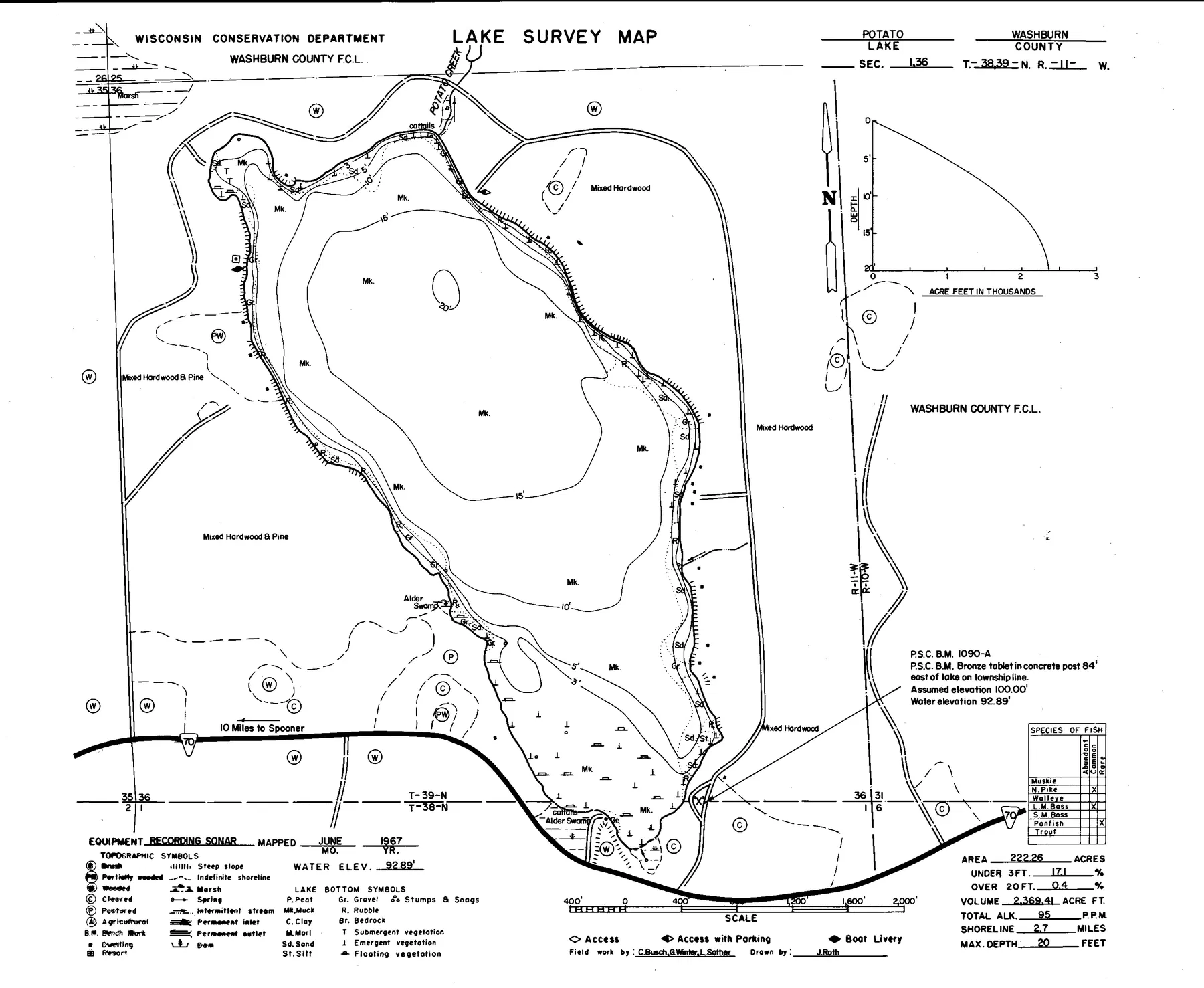 Potato Lake historical Wisconsin DNR depth map sheet 1
