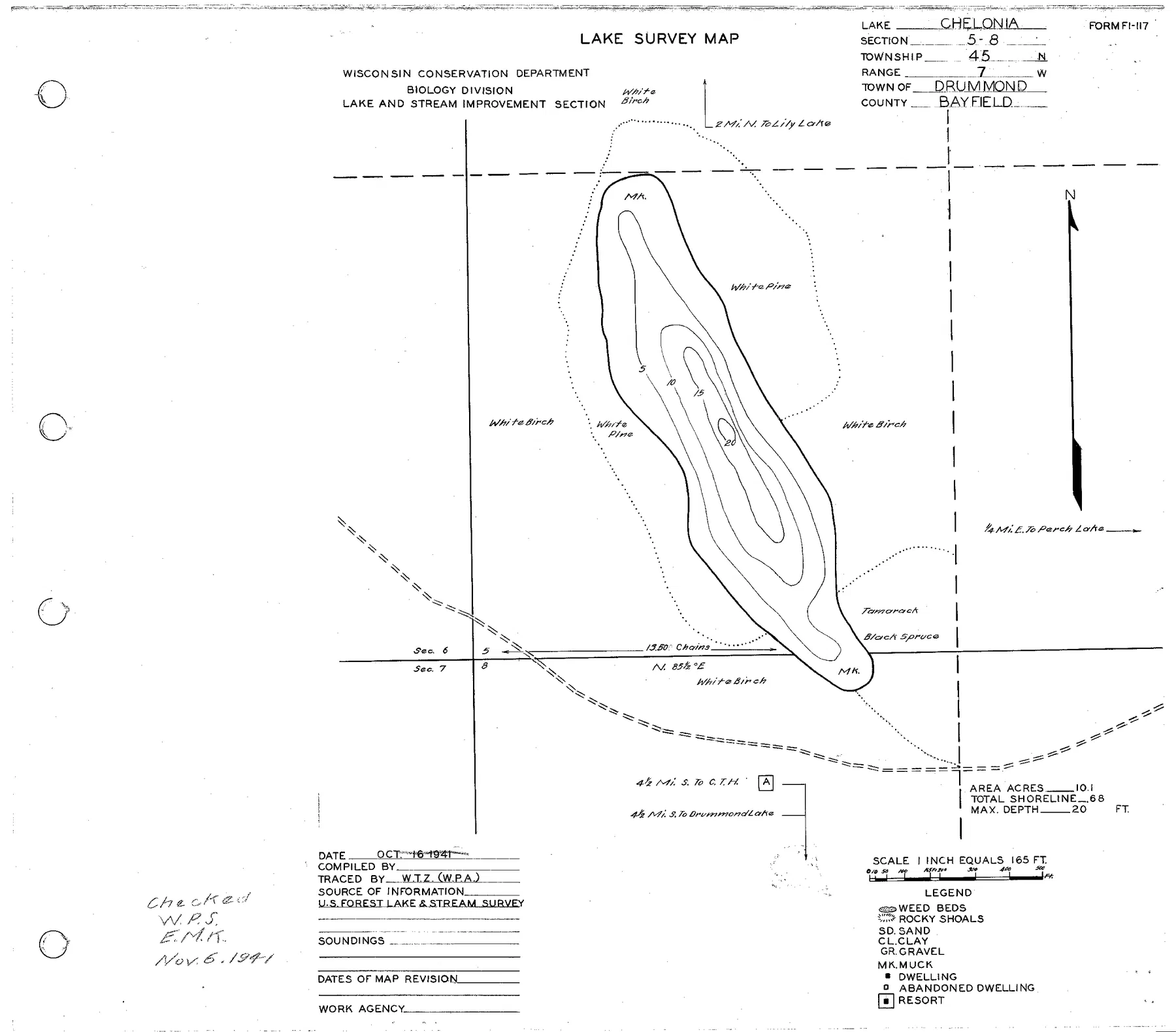 Chelonia Lake historical Wisconsin DNR depth map sheet 1