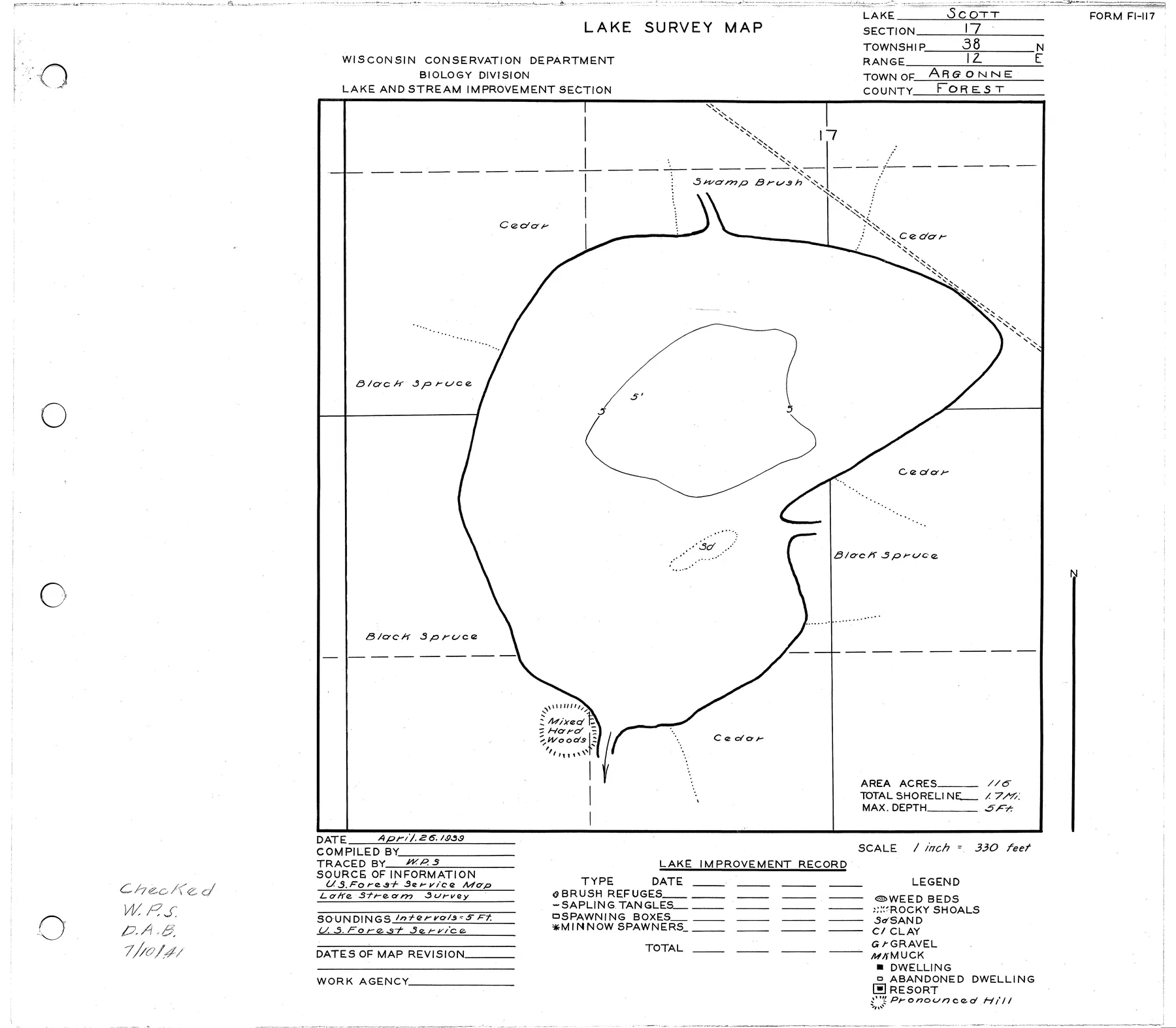 Scott Lake historical Wisconsin DNR depth map sheet 1