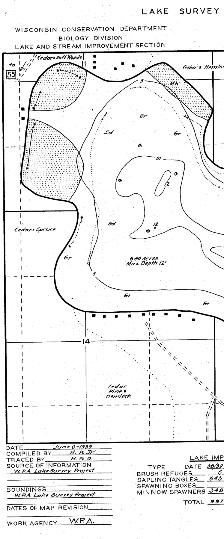Rolling Stone Lake historical Wisconsin DNR depth map sheet 3