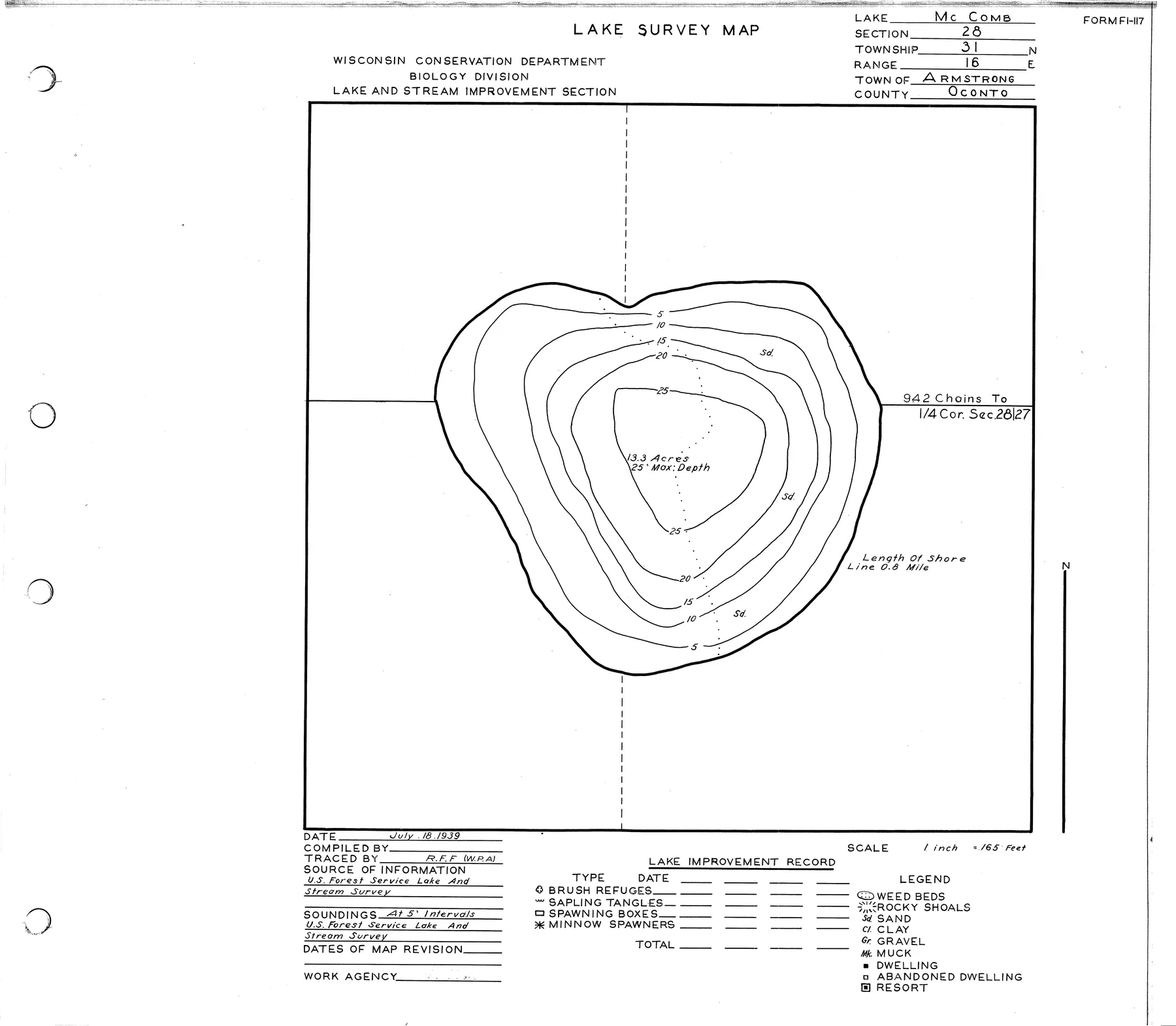 McComb Lake historical Wisconsin DNR depth map sheet 1