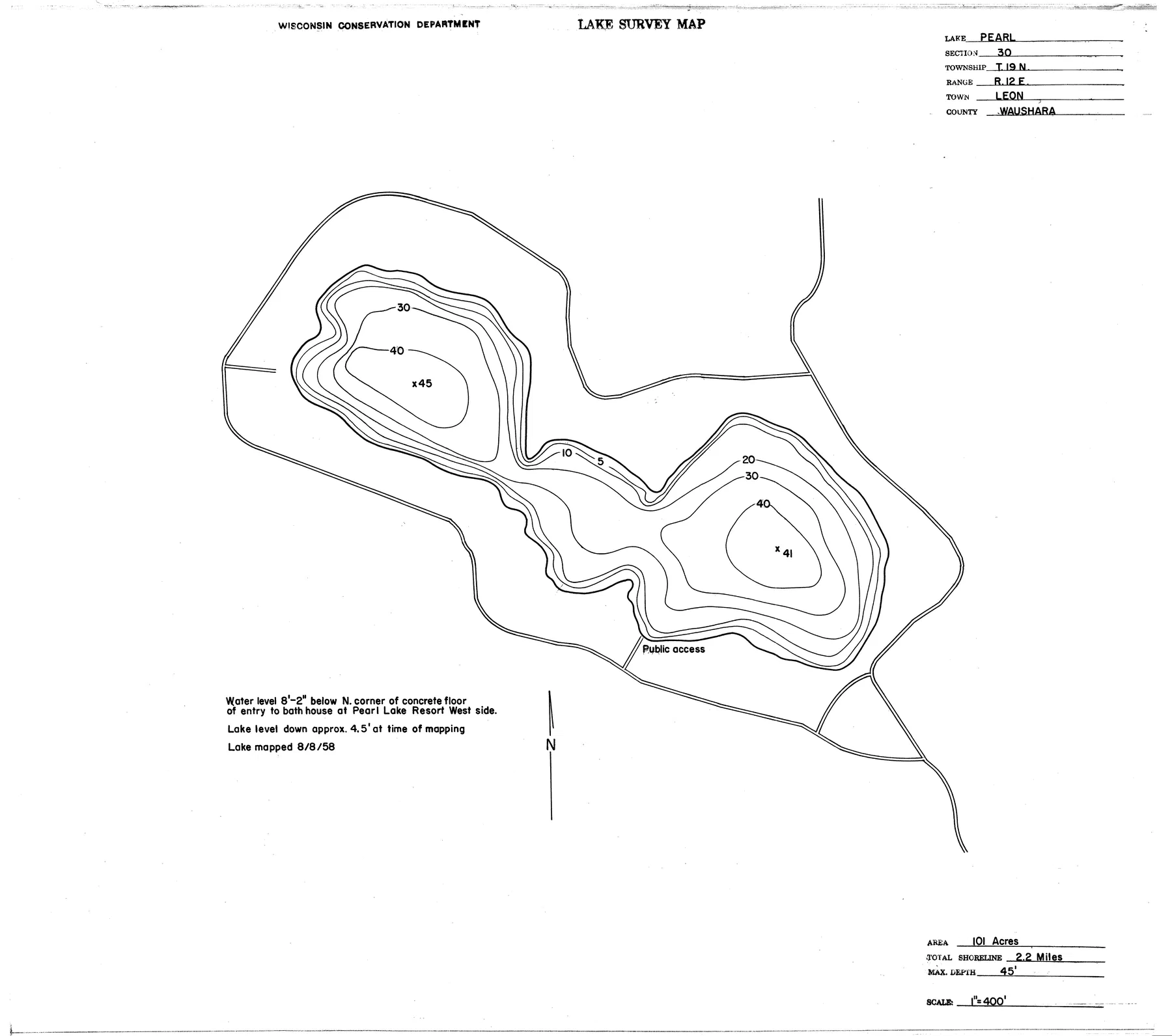 Pearl Lake historical Wisconsin DNR depth map sheet 1