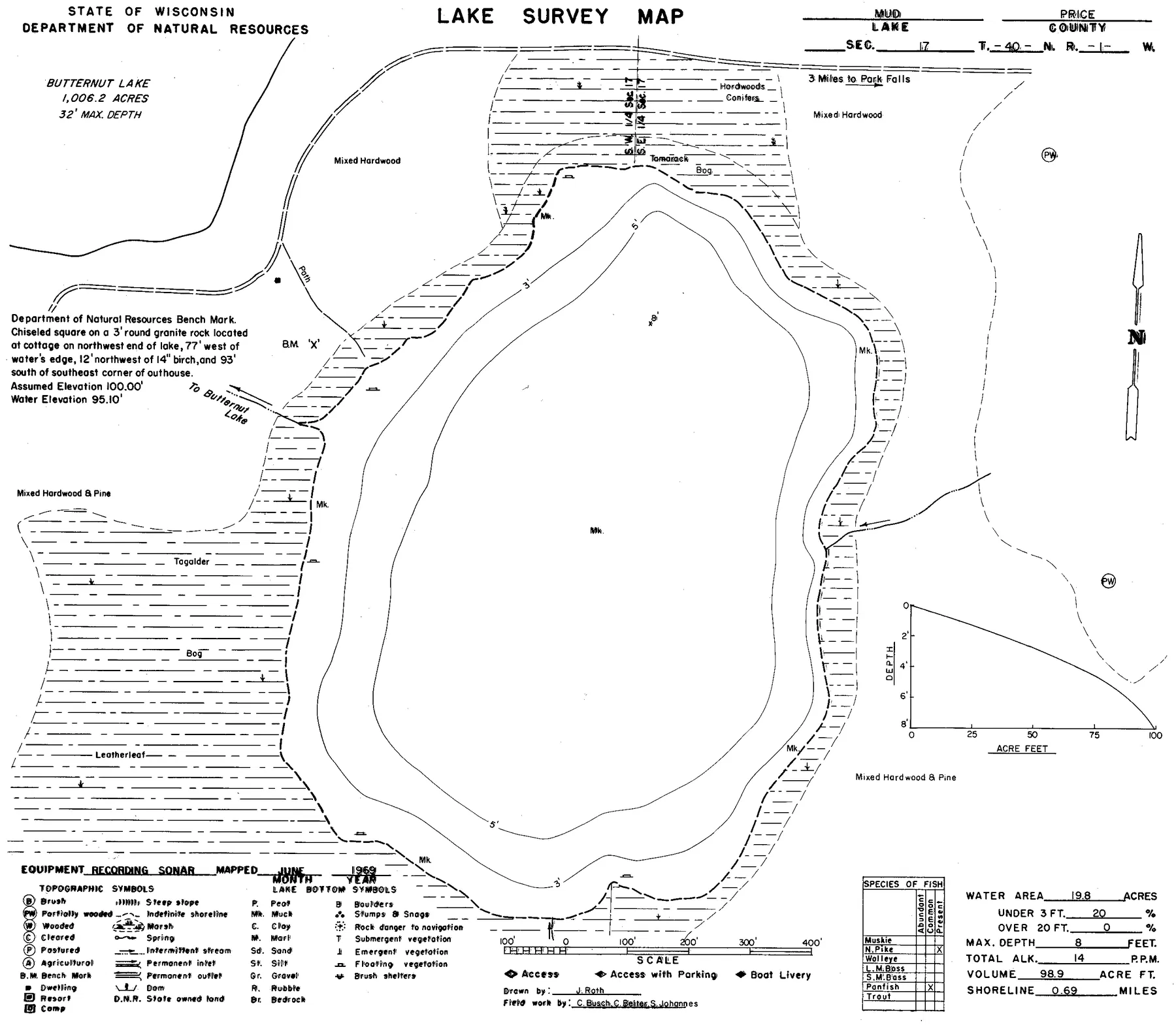 Mud Lake historical Wisconsin DNR depth map sheet 1